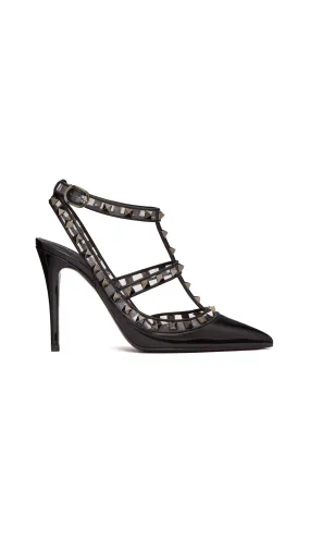 Rockstud Pumps in patent Leather and Polymeric Material with Straps 100MM - Black