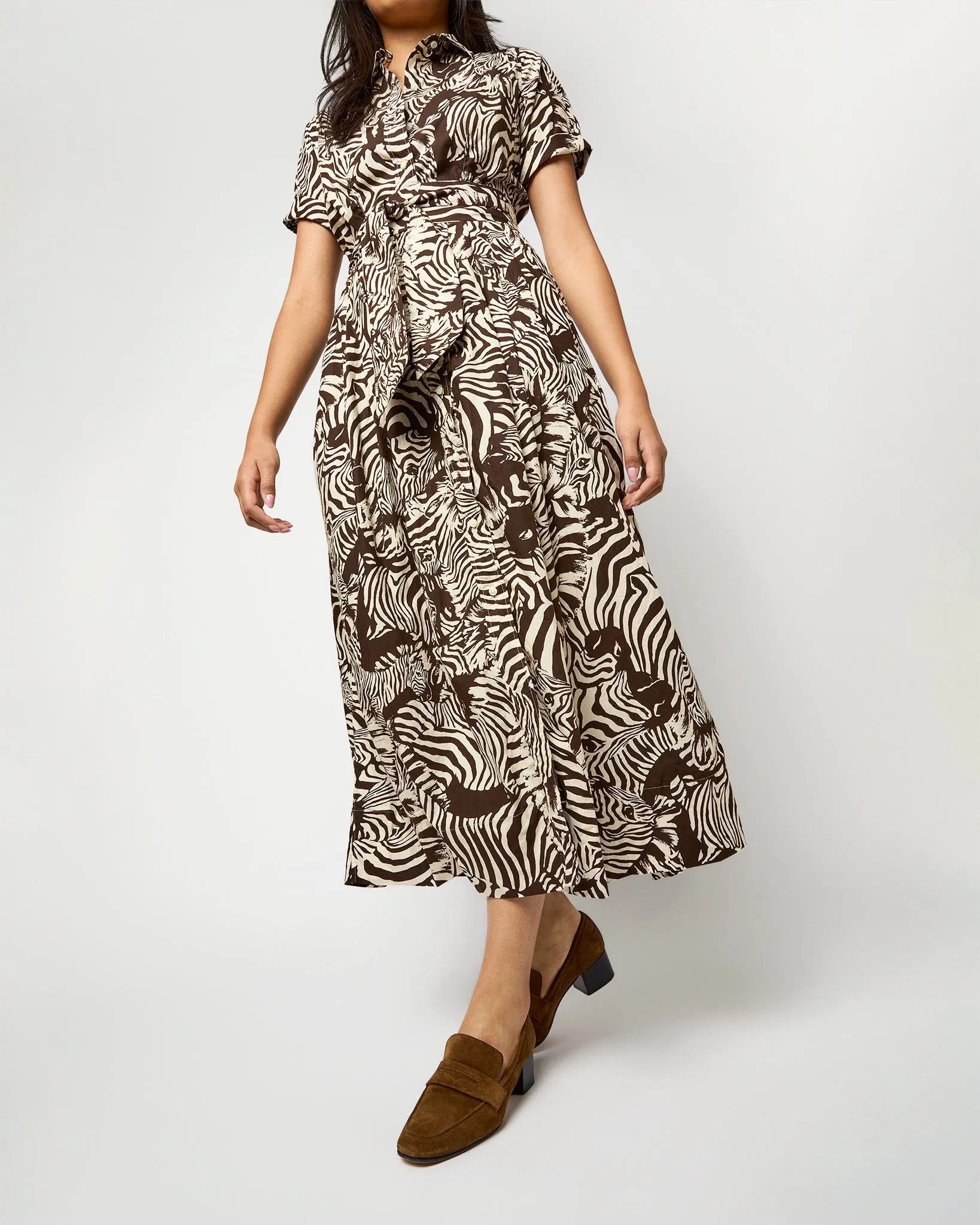 Short-Sleeved Classic Shirtwaist Maxi Dress in Ratti Brown/Cream Zebra Poplin