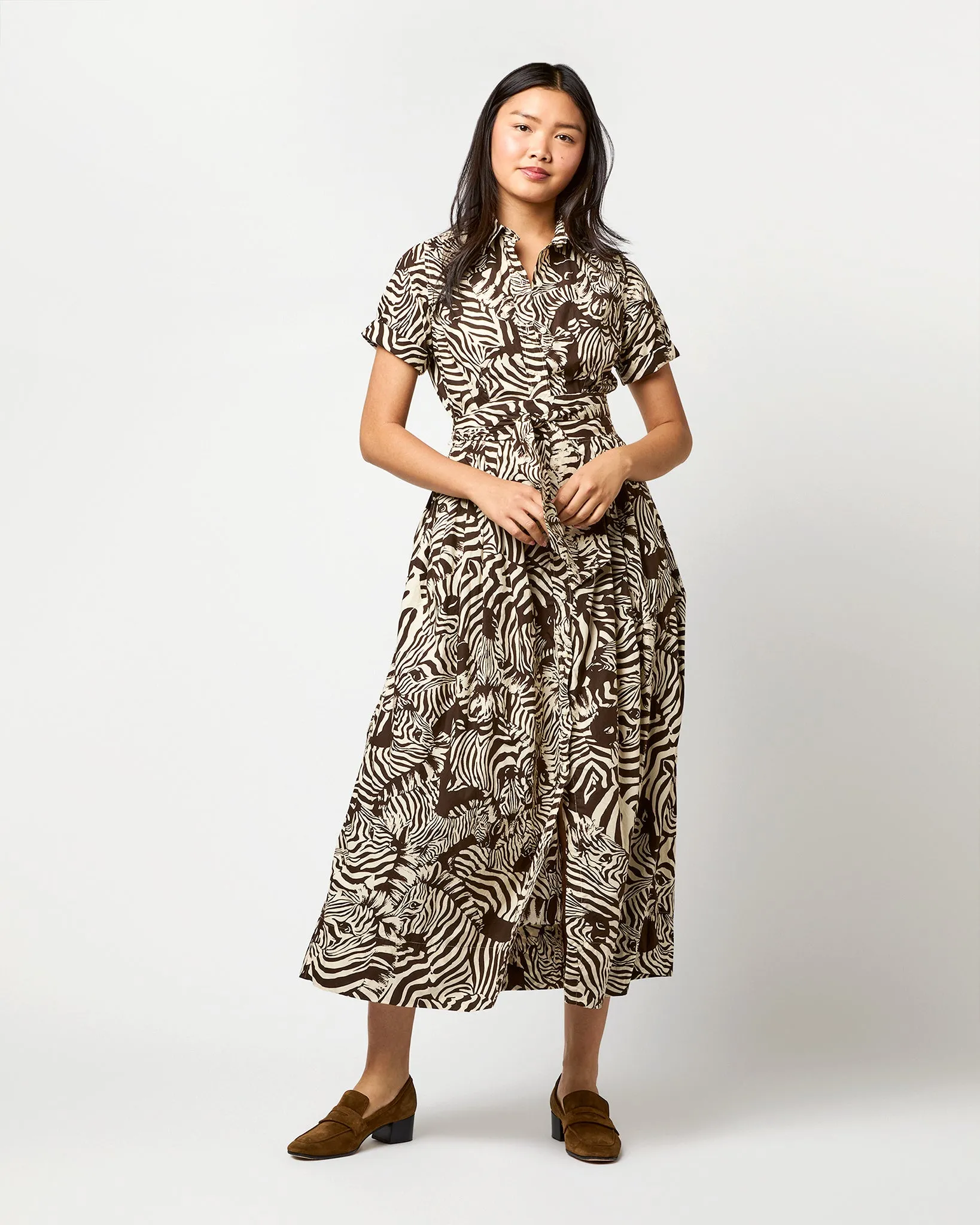 Short-Sleeved Classic Shirtwaist Maxi Dress in Ratti Brown/Cream Zebra Poplin