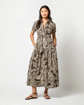 Short-Sleeved Classic Shirtwaist Maxi Dress in Ratti Brown/Cream Zebra Poplin