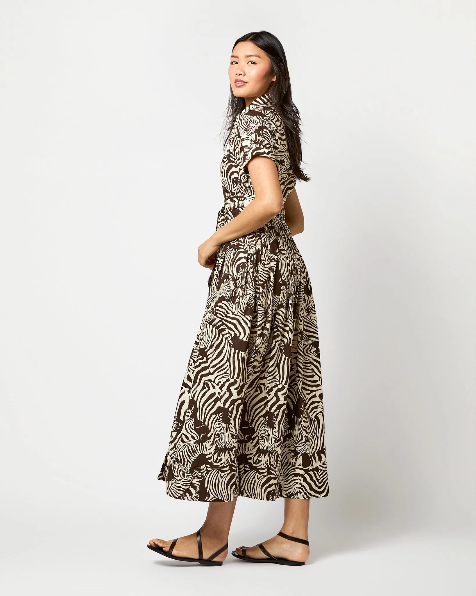 Short-Sleeved Classic Shirtwaist Maxi Dress in Ratti Brown/Cream Zebra Poplin