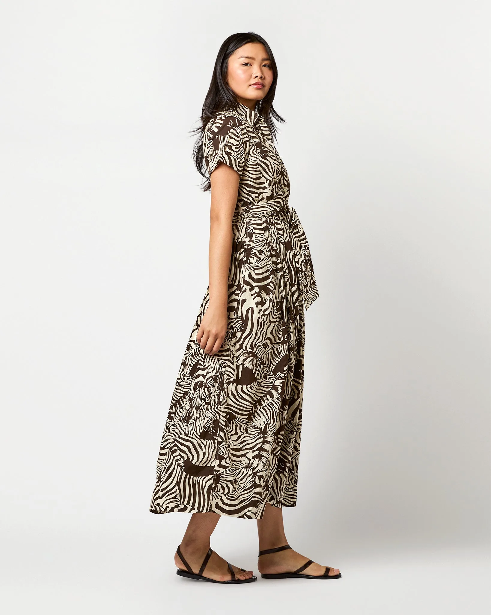 Short-Sleeved Classic Shirtwaist Maxi Dress in Ratti Brown/Cream Zebra Poplin