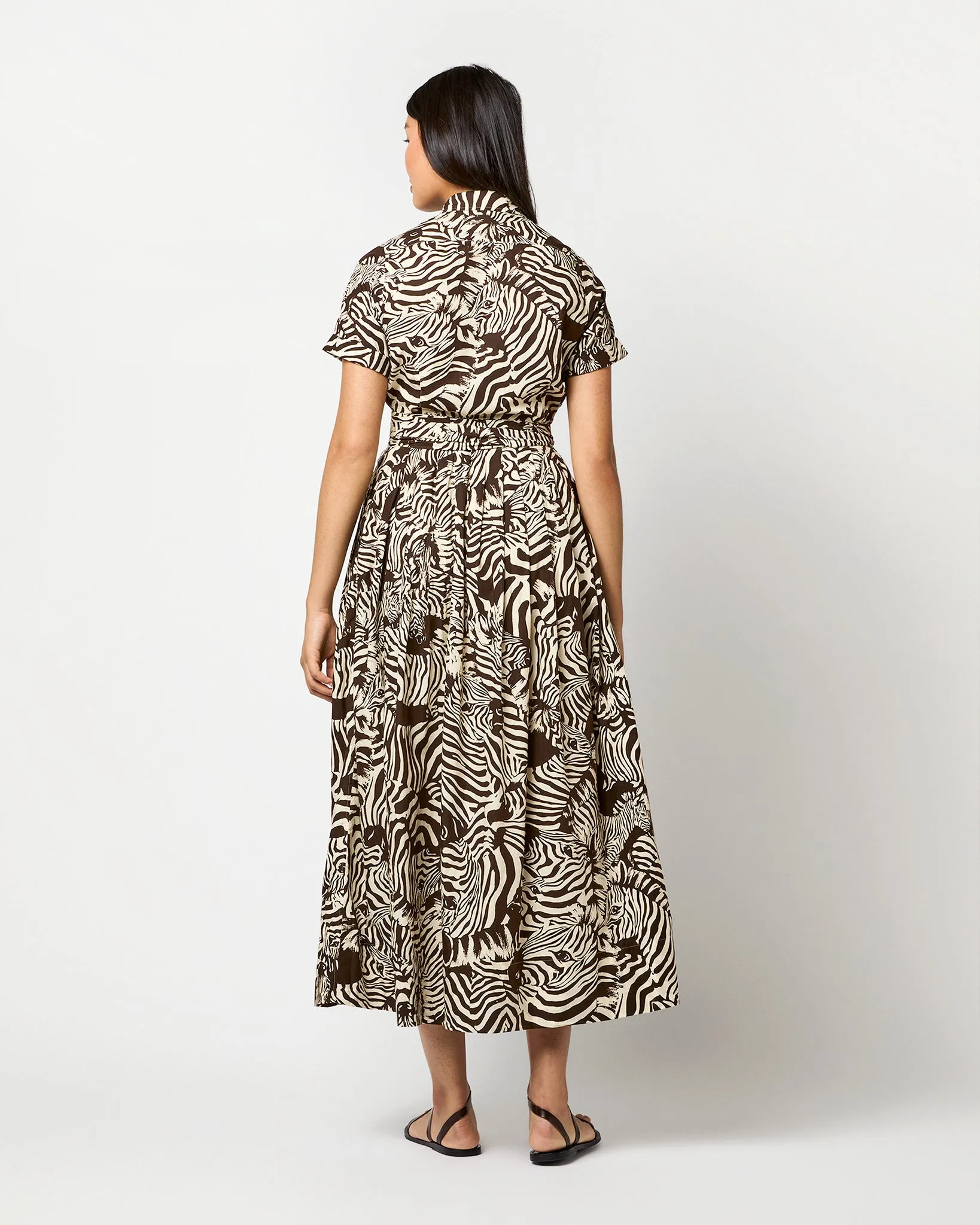 Short-Sleeved Classic Shirtwaist Maxi Dress in Ratti Brown/Cream Zebra Poplin