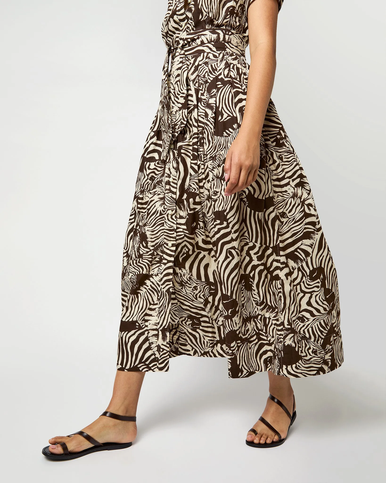 Short-Sleeved Classic Shirtwaist Maxi Dress in Ratti Brown/Cream Zebra Poplin