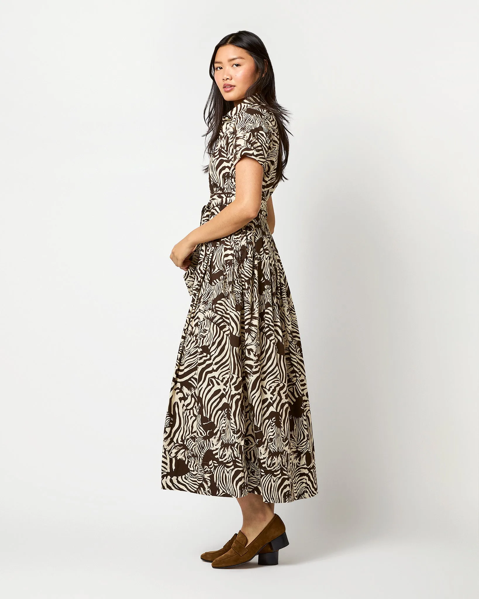 Short-Sleeved Classic Shirtwaist Maxi Dress in Ratti Brown/Cream Zebra Poplin