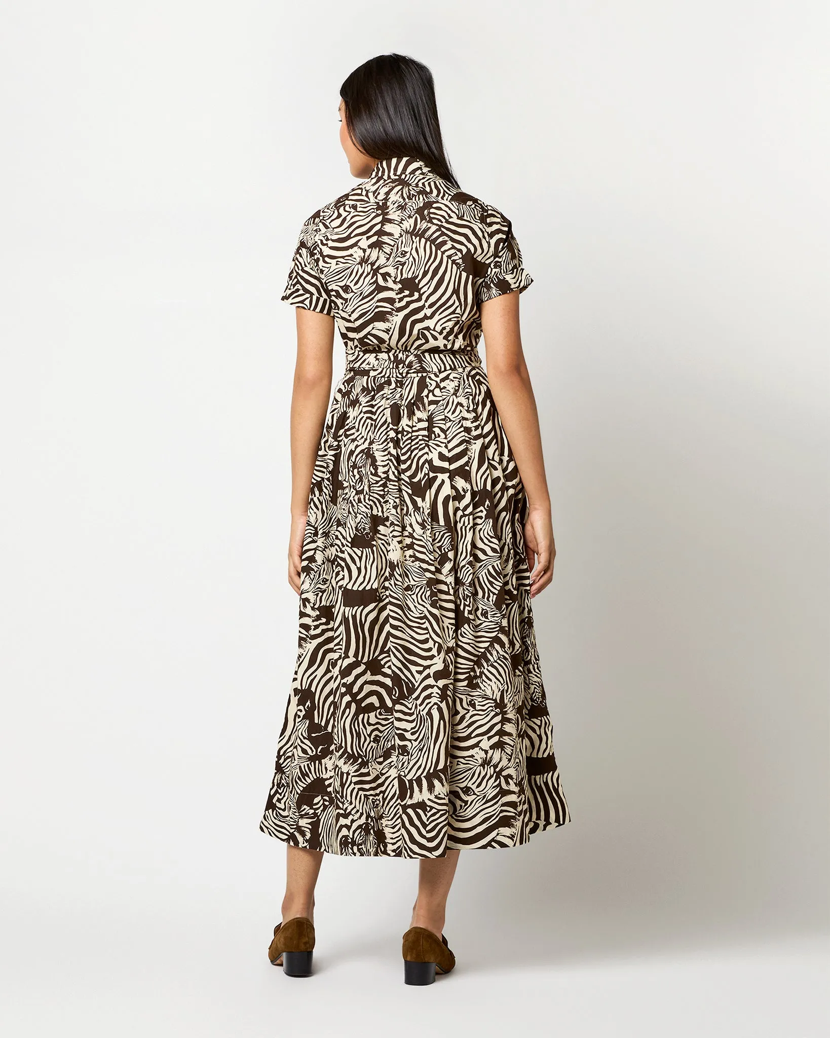 Short-Sleeved Classic Shirtwaist Maxi Dress in Ratti Brown/Cream Zebra Poplin