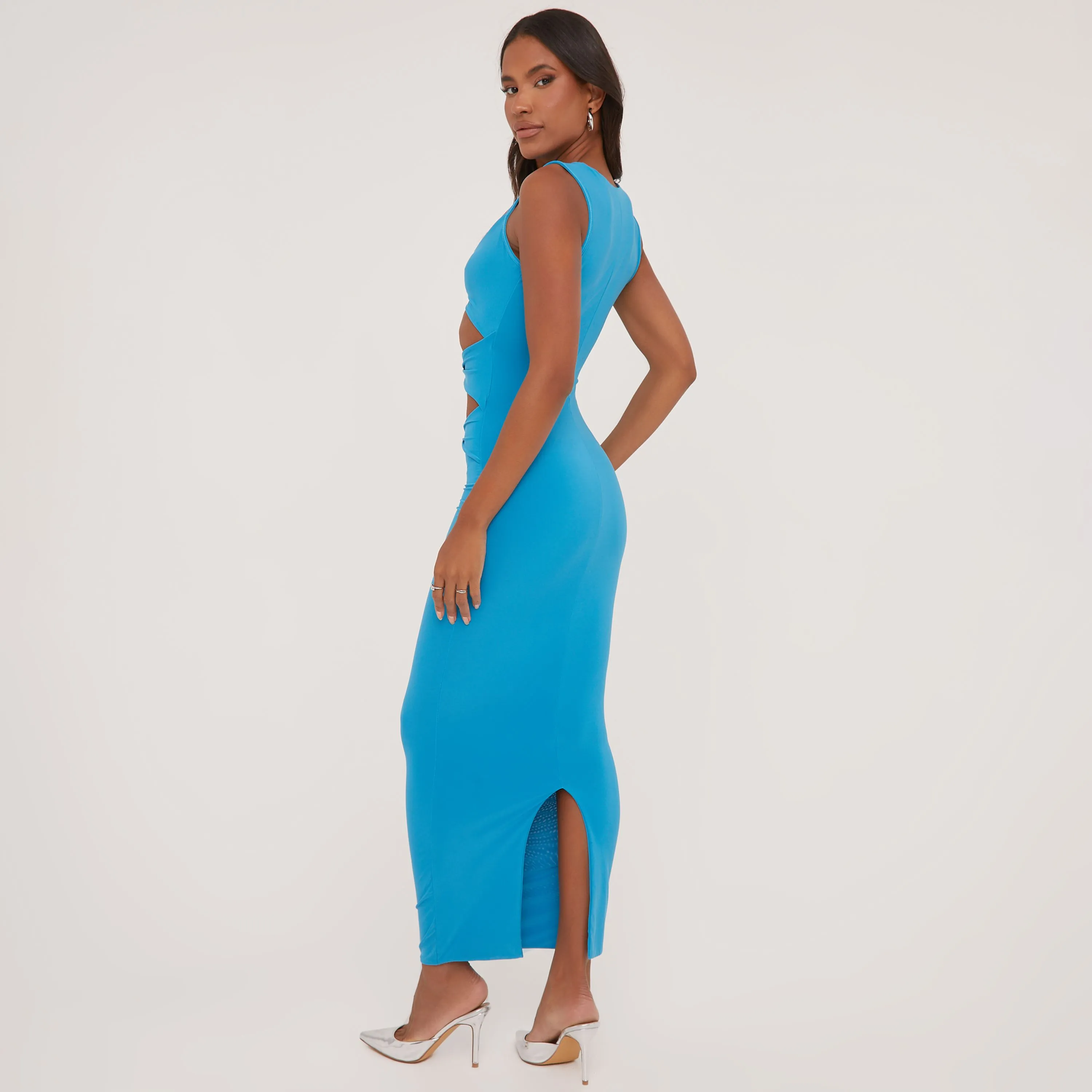 Sleeveless Cut Out Twist Front Detail Maxi Dress In Blue