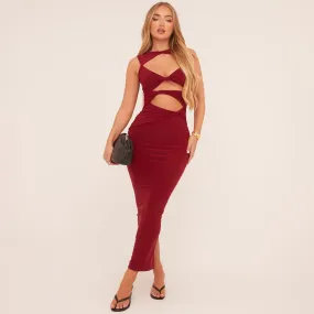 Sleeveless Cut Out Twist Front Detail Maxi Dress In Wine