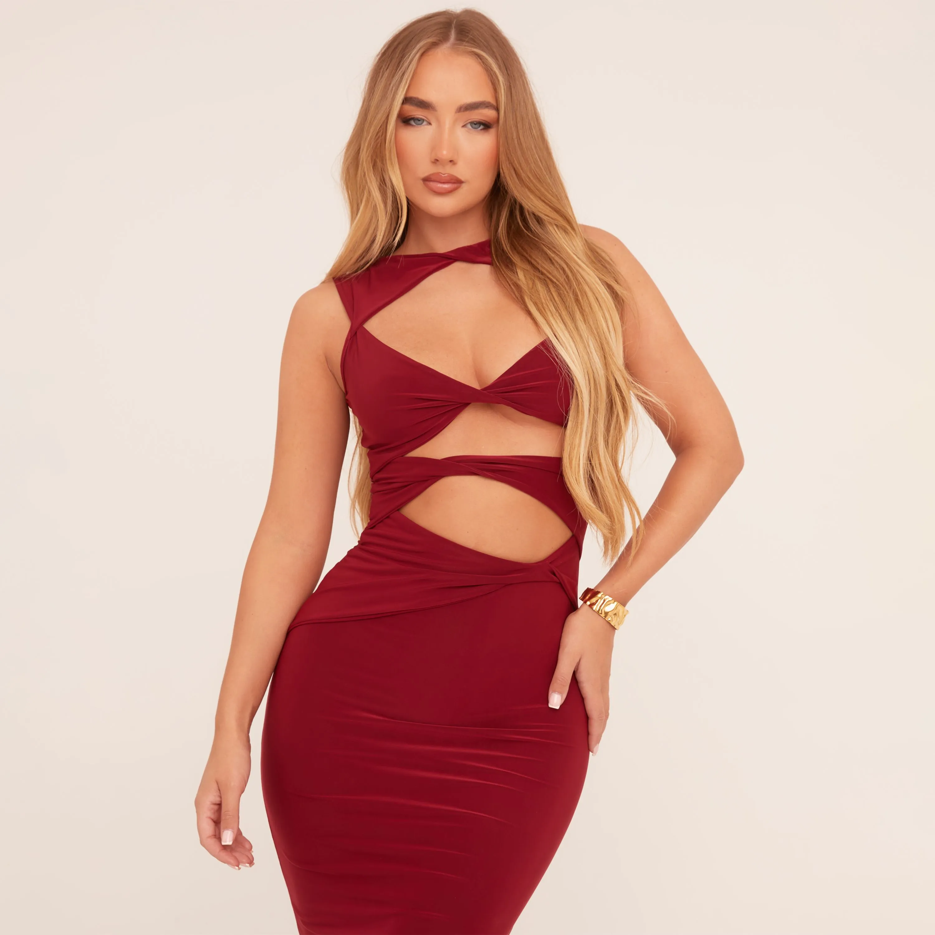 Sleeveless Cut Out Twist Front Detail Maxi Dress In Wine