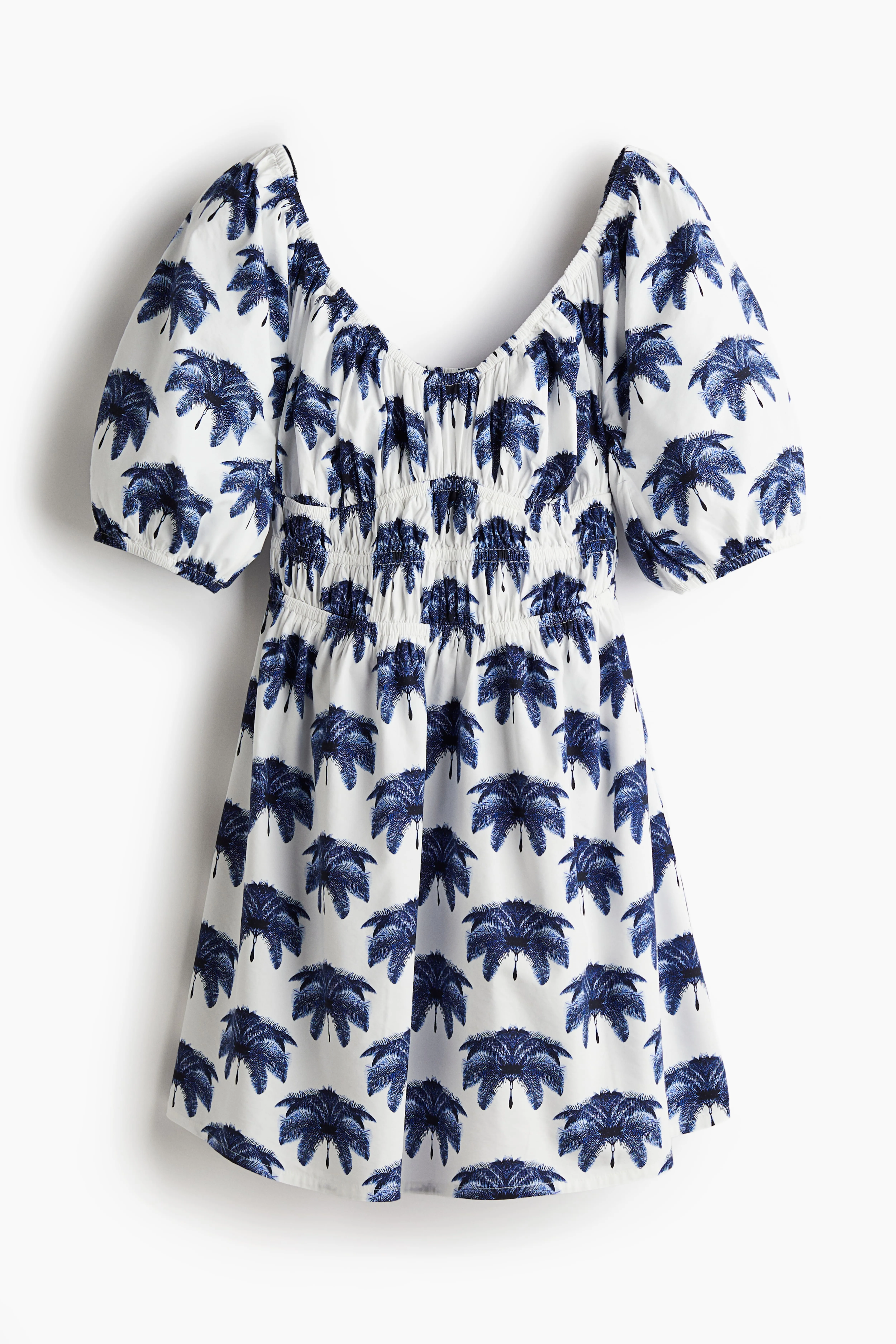 Smock-waisted dress - Deep neckline - Short sleeve - White/Blue patterned - Ladies | H&M GB