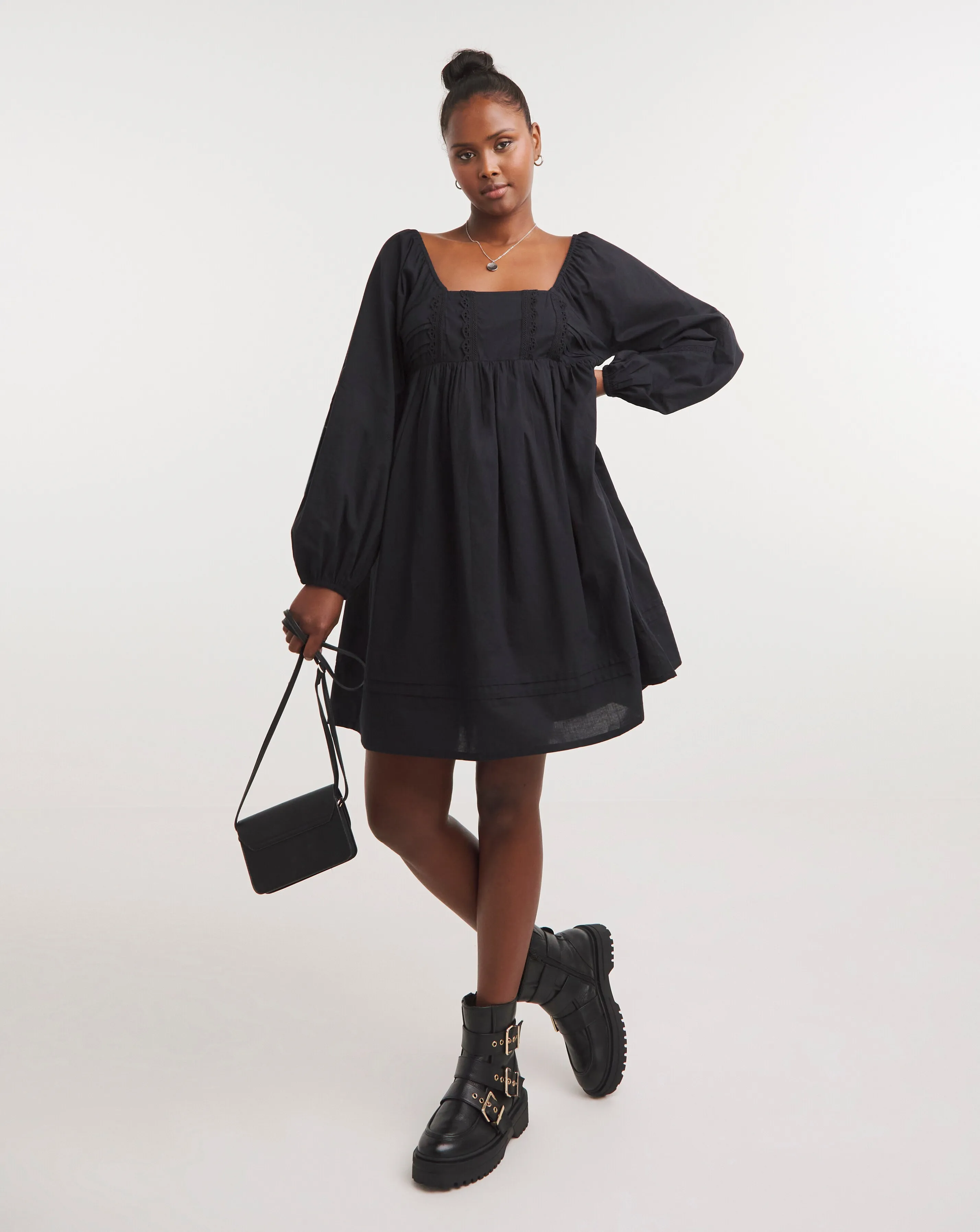 Sqaure Neck Poplin Smock Dress with Trim Detailing | Simply Be