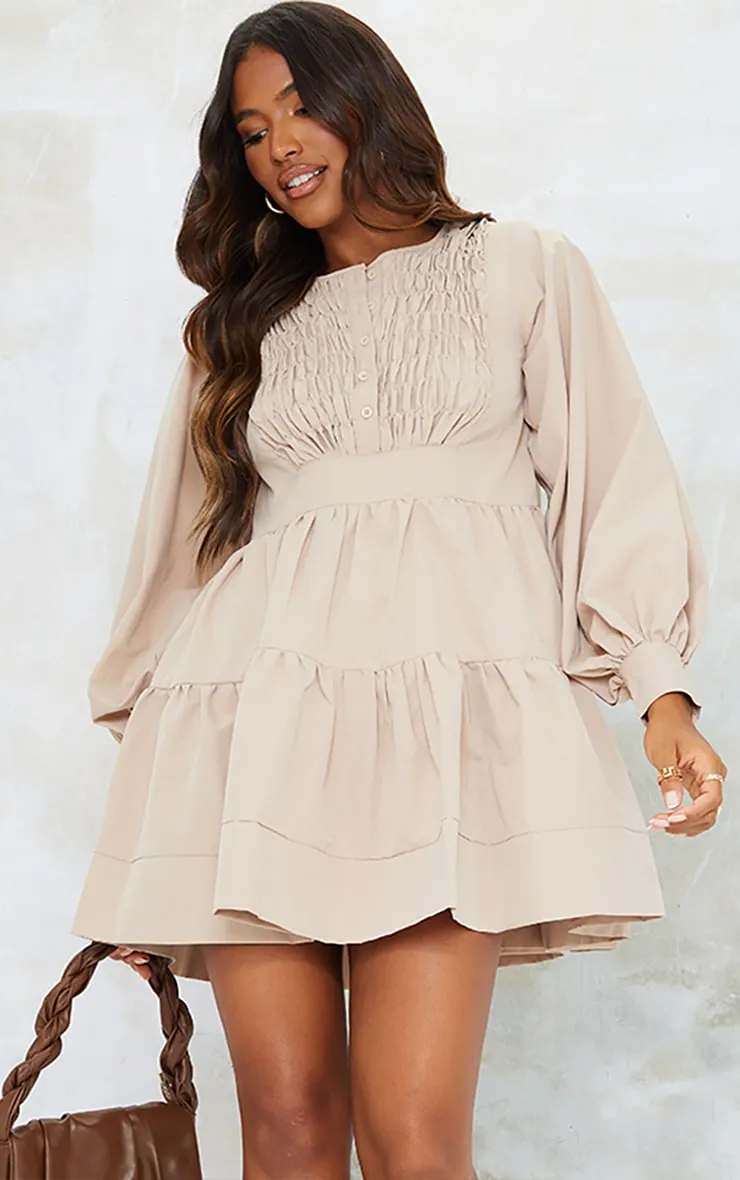 Stone Woven Ruffled Tiered Smock Dress