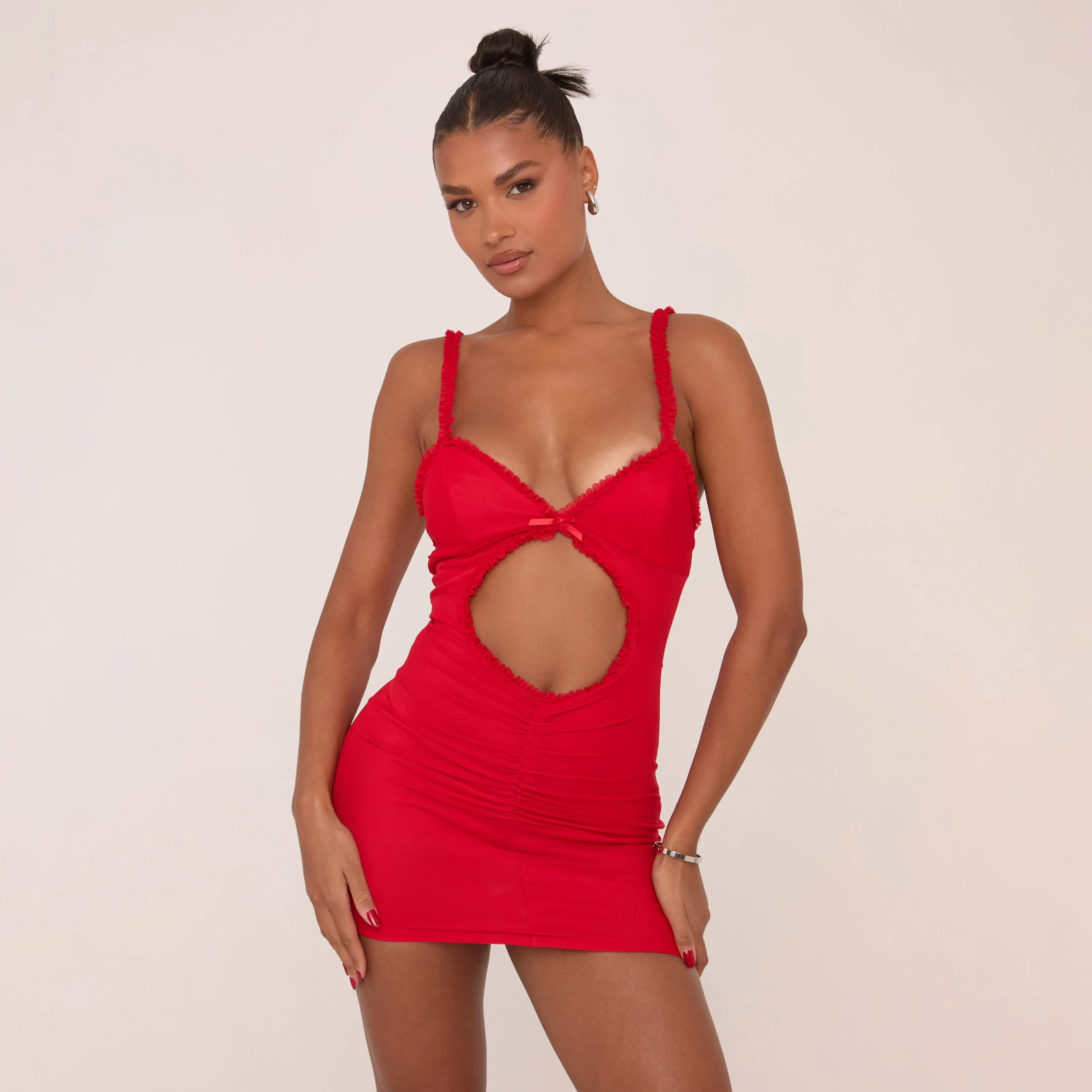 Strappy Bow Detail Cut Out Front Mini Bodycon Dress In Red