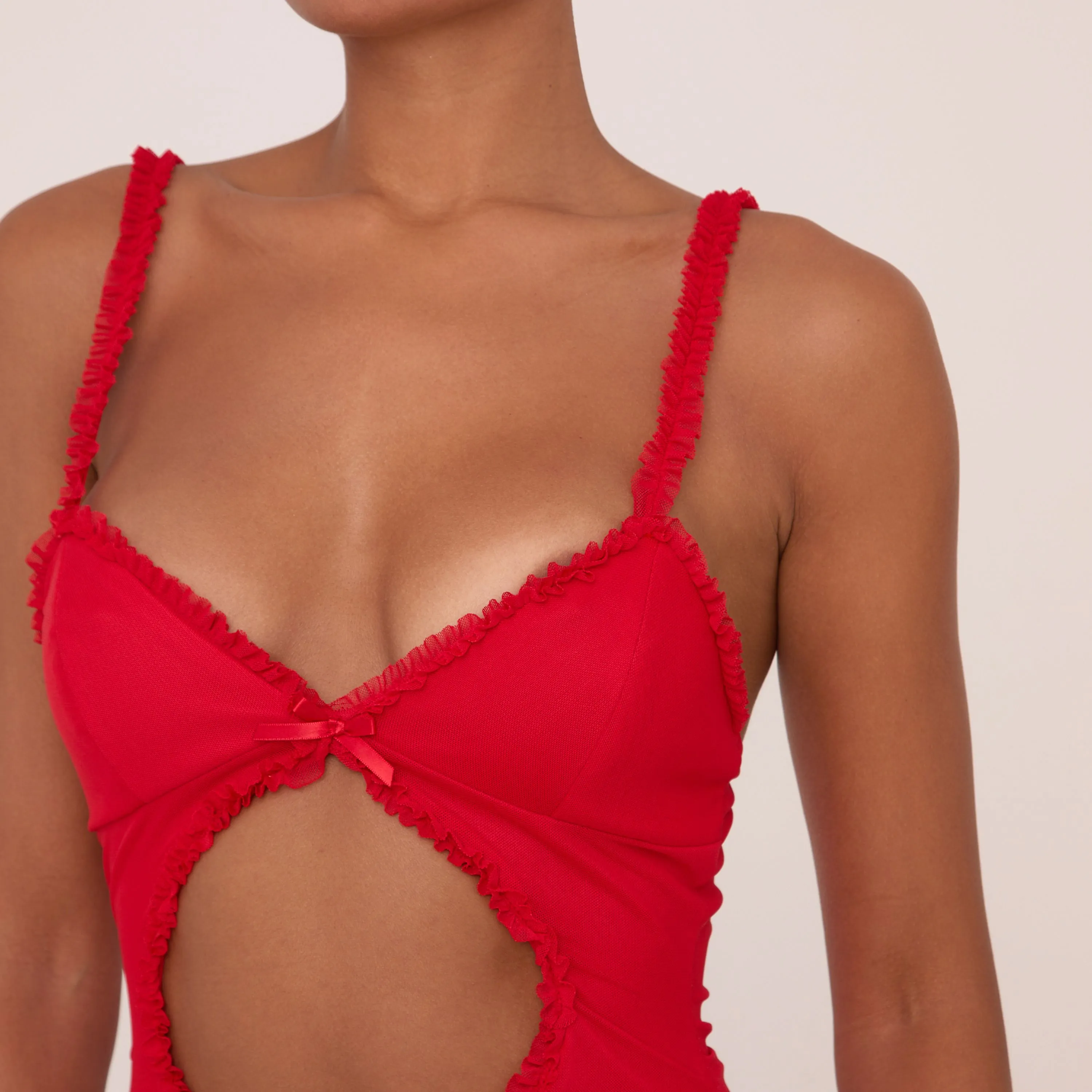 Strappy Bow Detail Cut Out Front Mini Bodycon Dress In Red