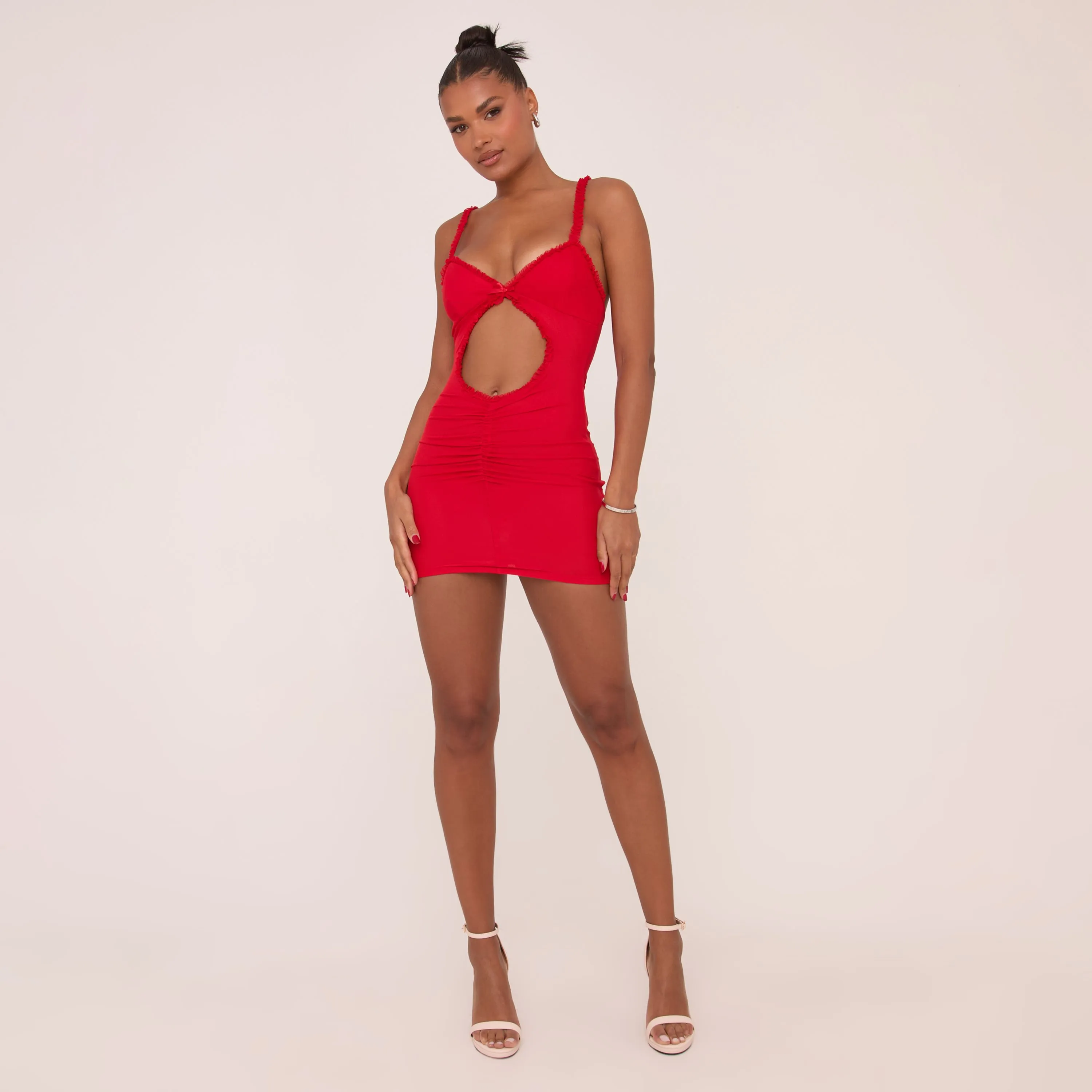 Strappy Bow Detail Cut Out Front Mini Bodycon Dress In Red