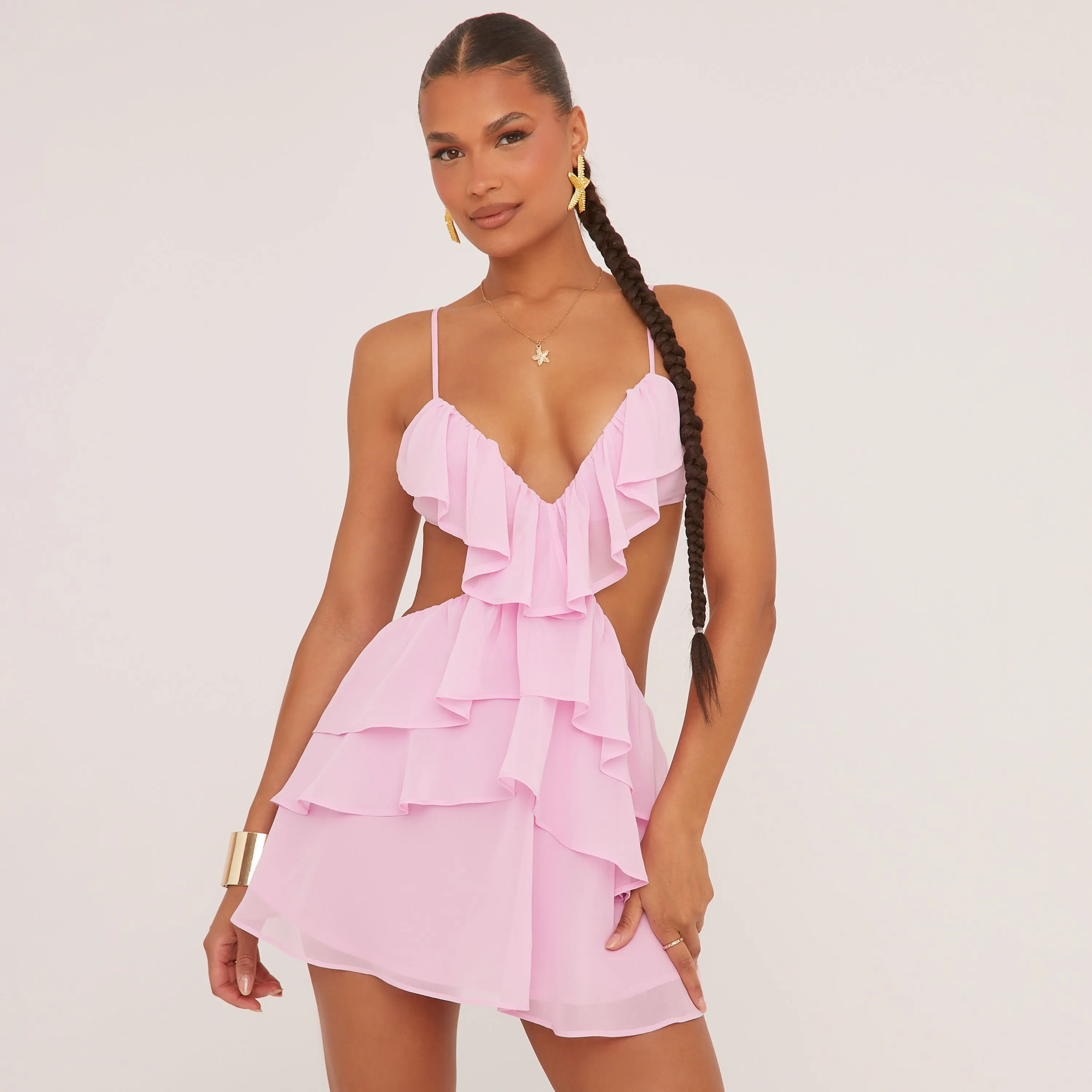 Strappy Plunge Cut Out Frilly Mini Bodycon Dress In Pink Woven