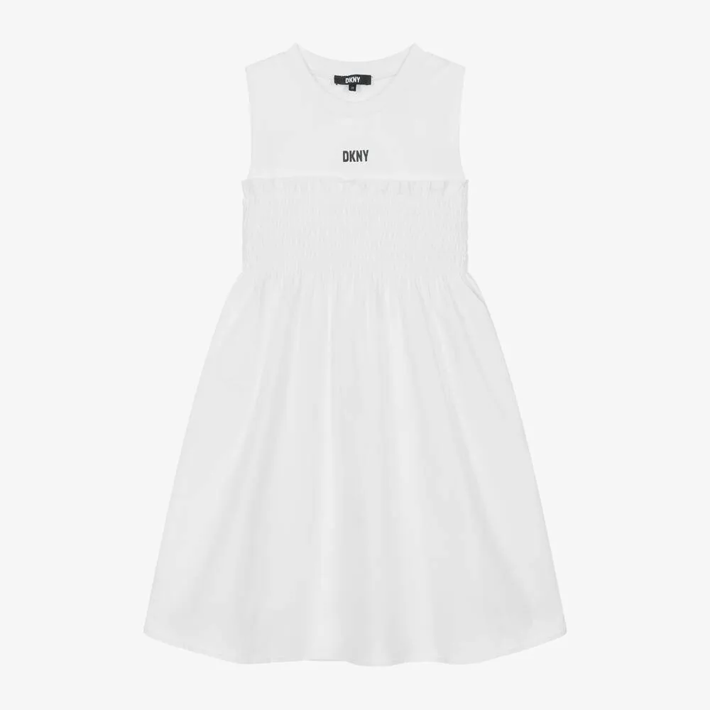 Teen Girls White Shirred Cotton Dress