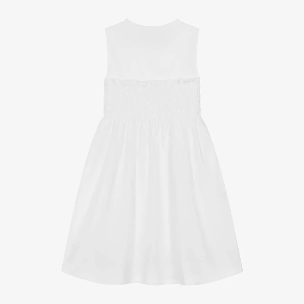 Teen Girls White Shirred Cotton Dress