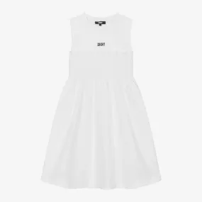 Teen Girls White Shirred Cotton Dress