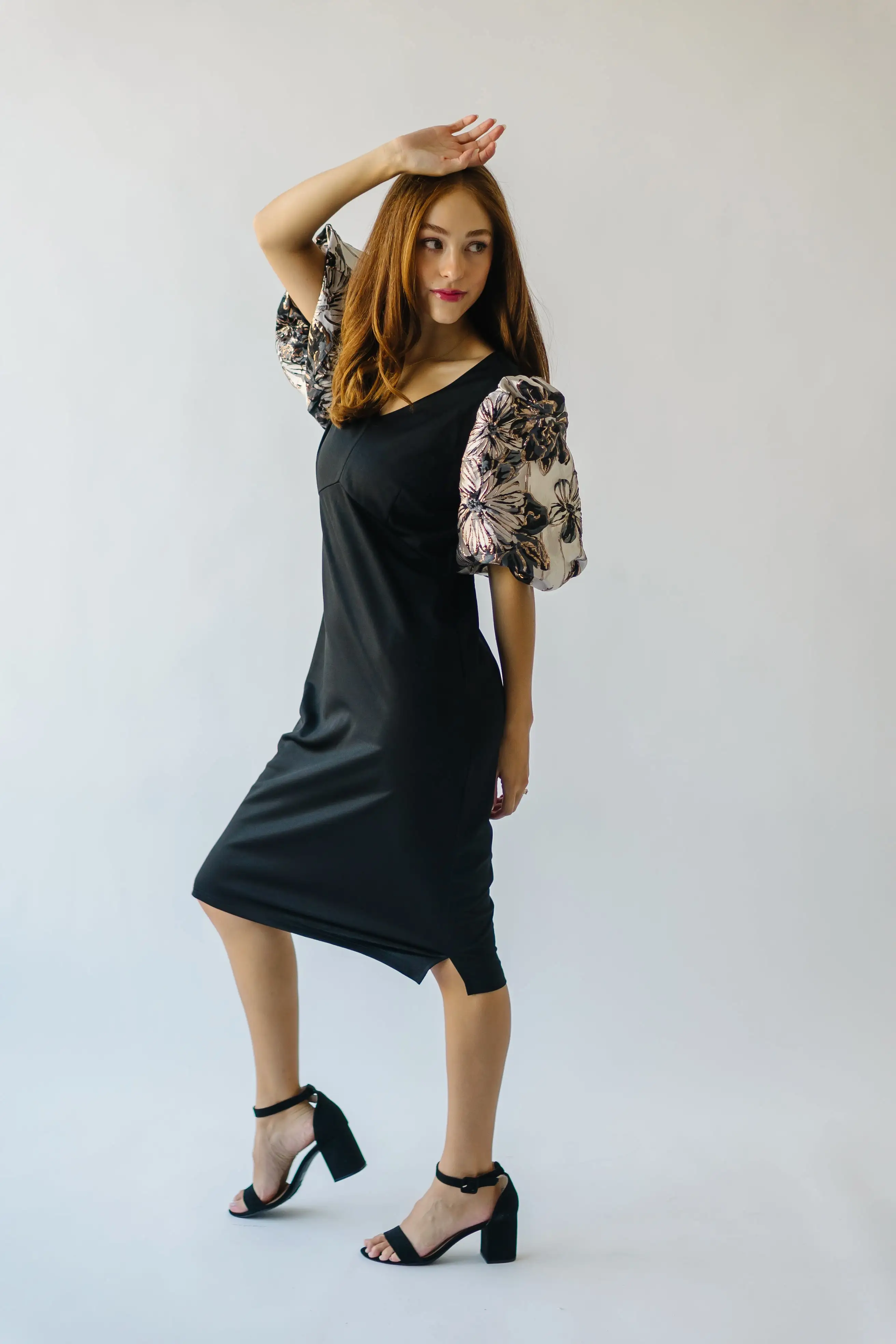 The Brigston Patterned Puff Sleeve Dress in Black