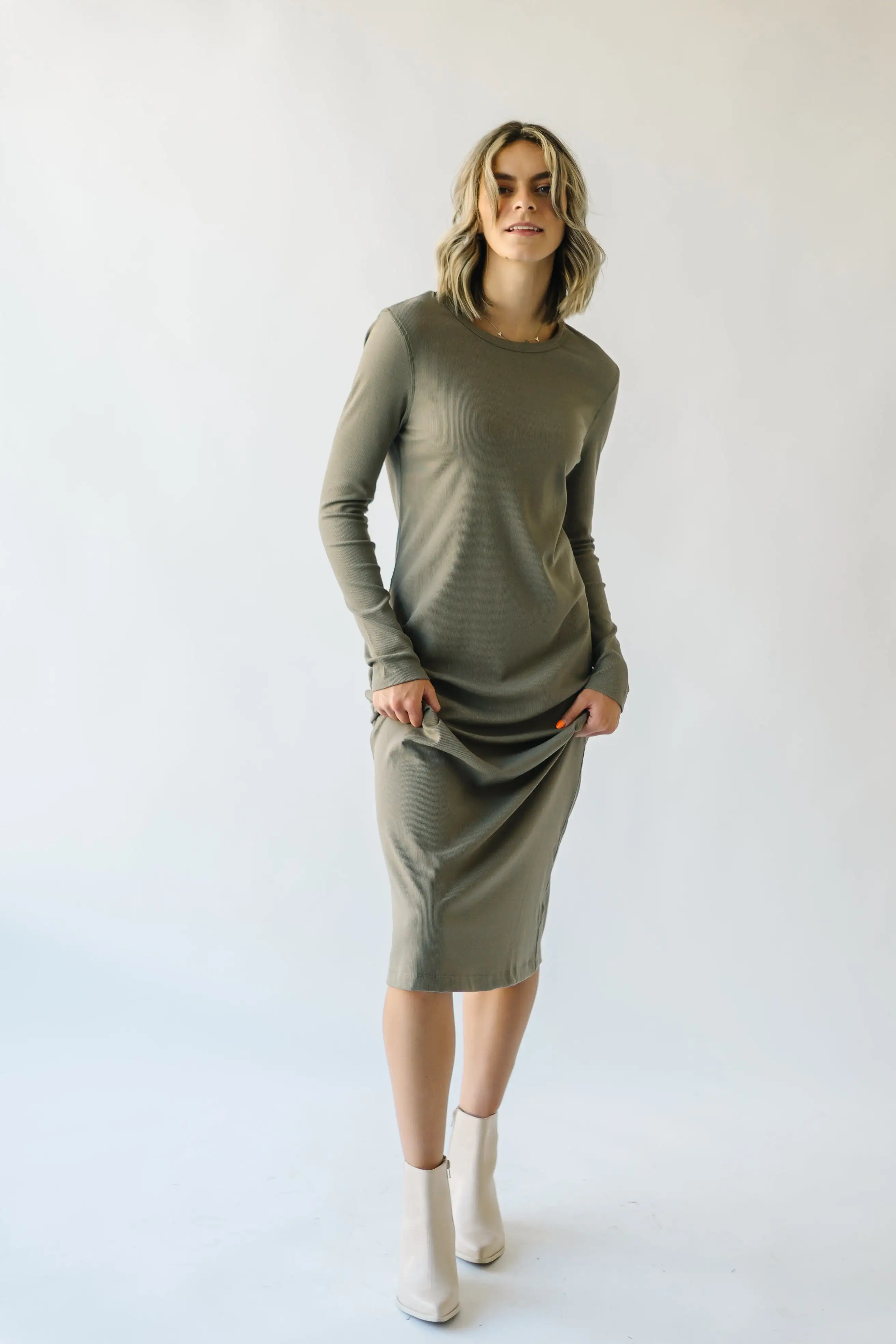 The Carbondale Ribbed Midi Dress in Olive