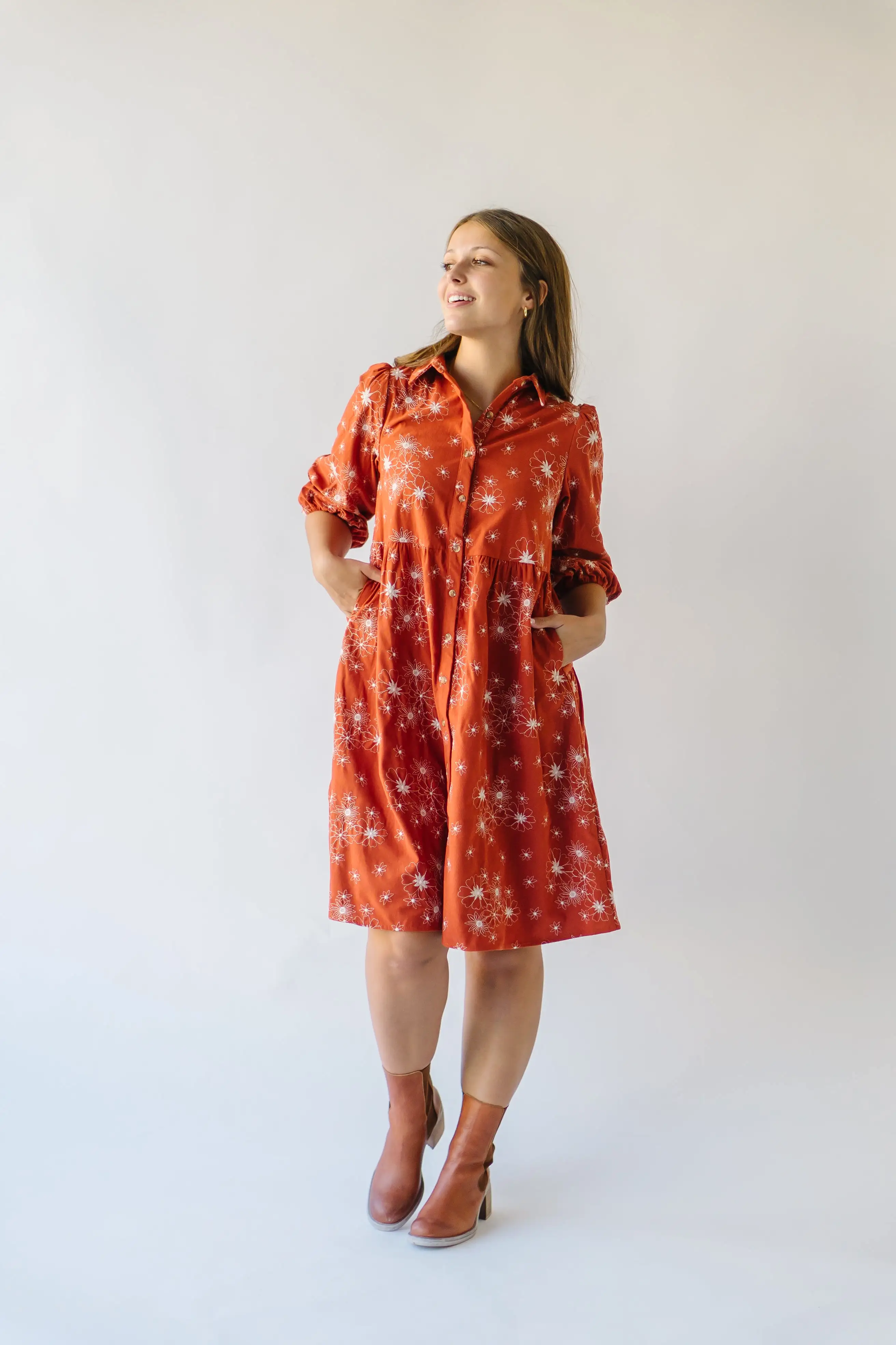 The Kailen Button-Down Patterned Dress in Rust