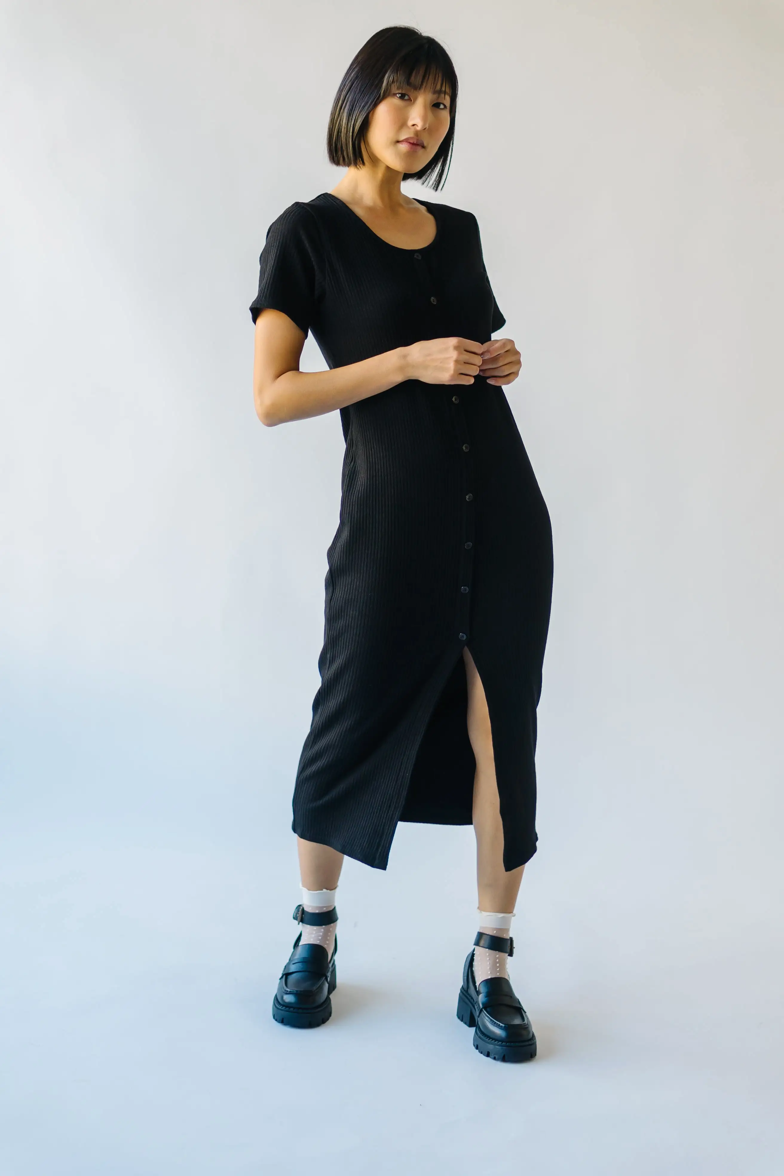 The Pomona Ribbed Button Dress in Black