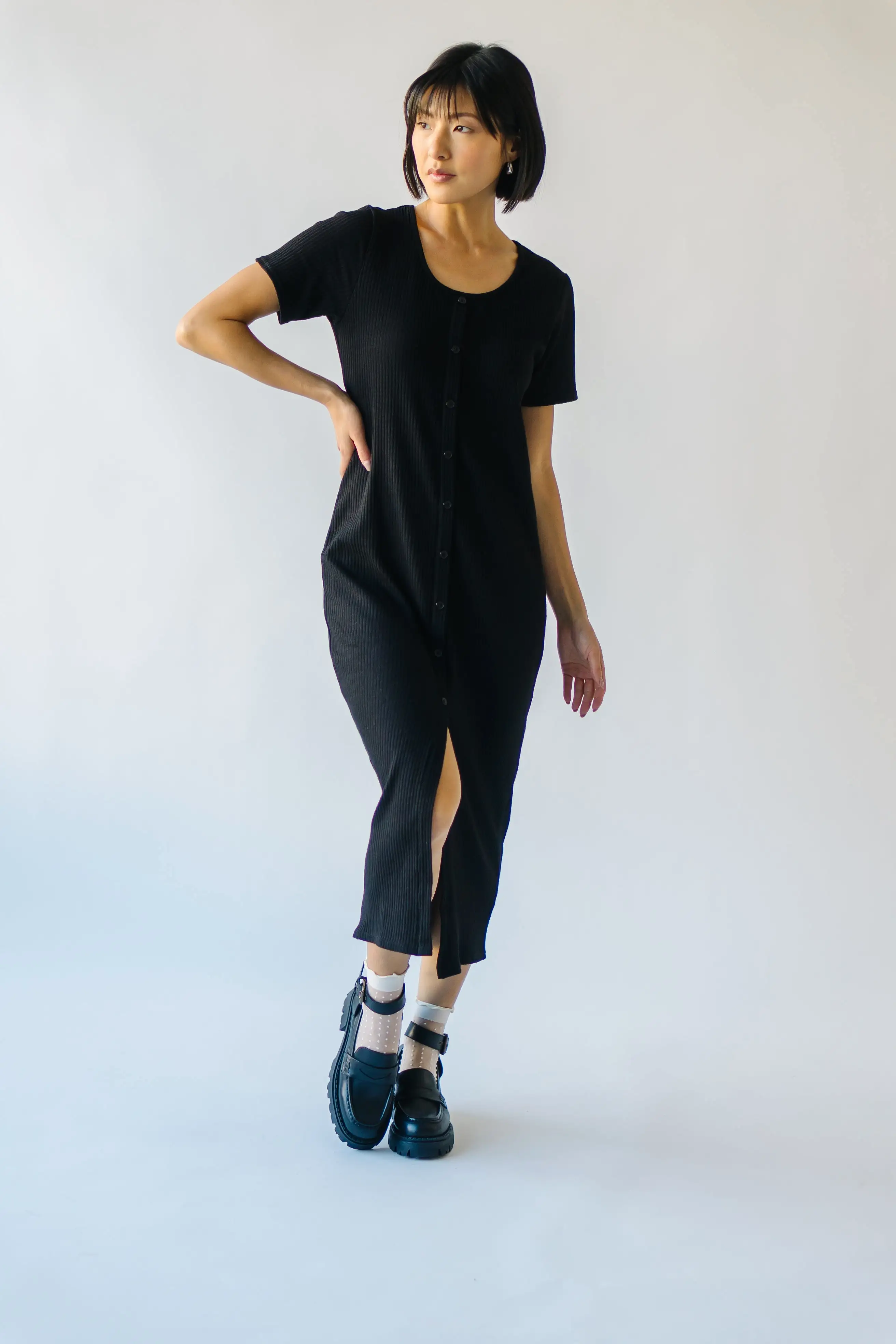 The Pomona Ribbed Button Dress in Black