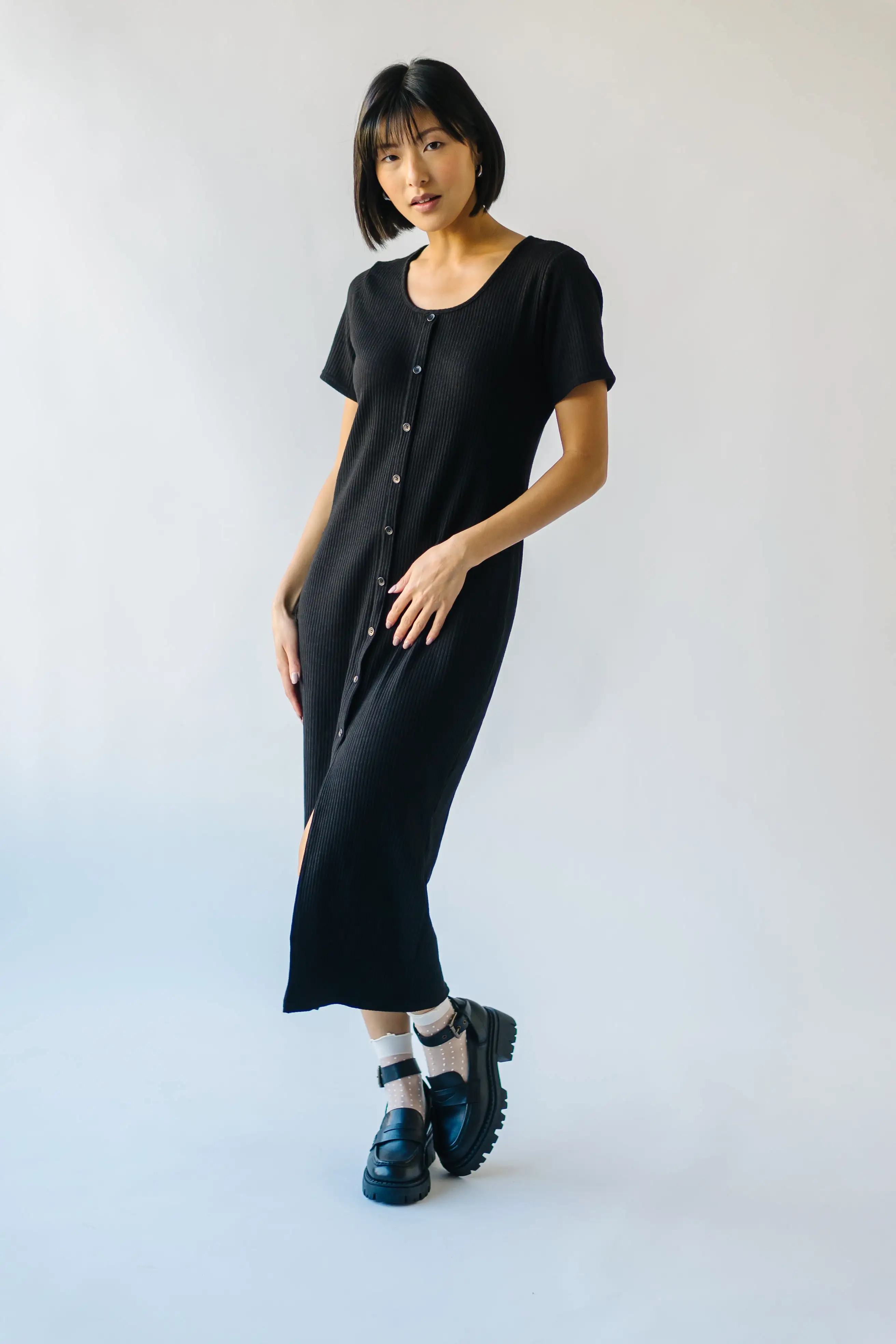 The Pomona Ribbed Button Dress in Black