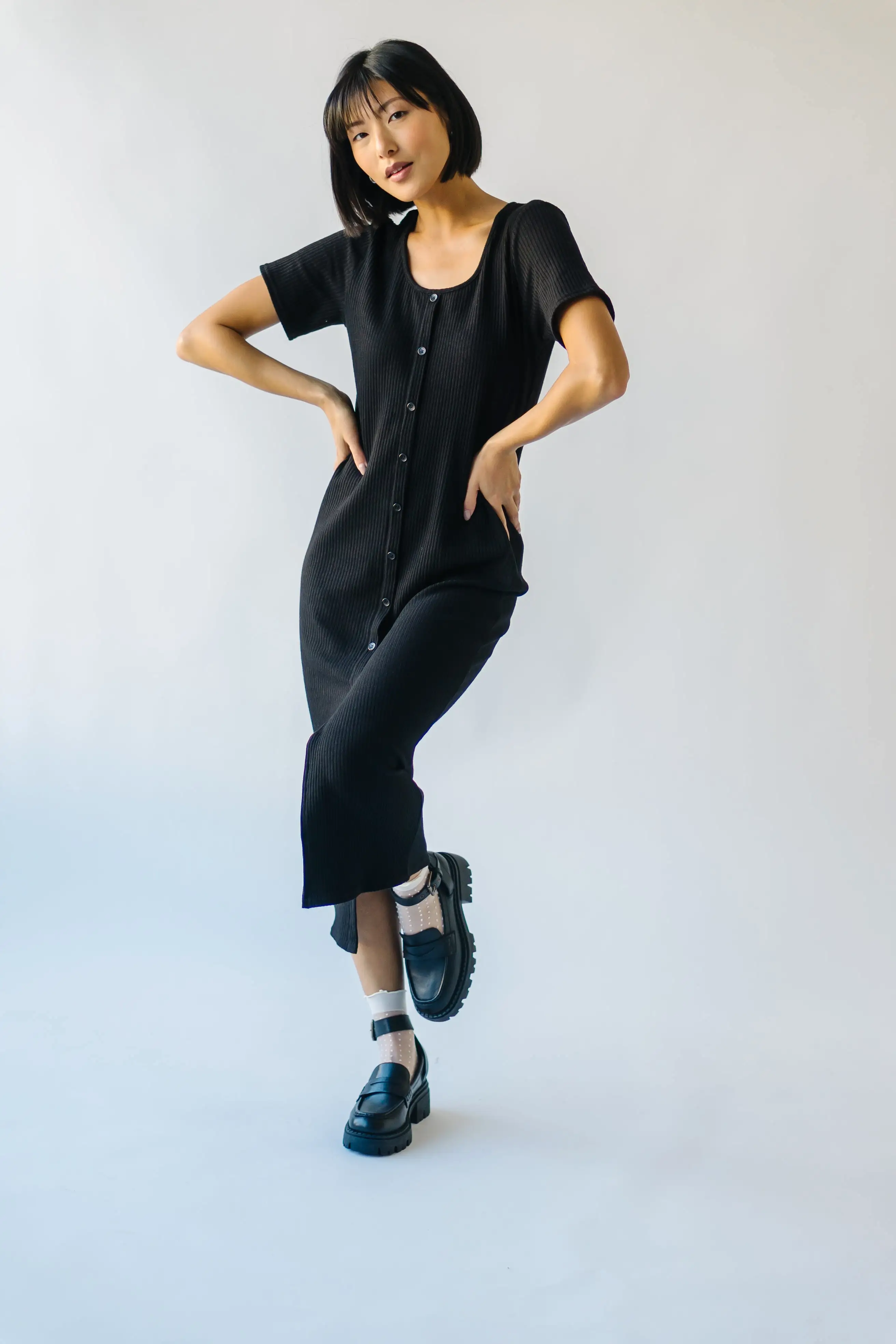 The Pomona Ribbed Button Dress in Black