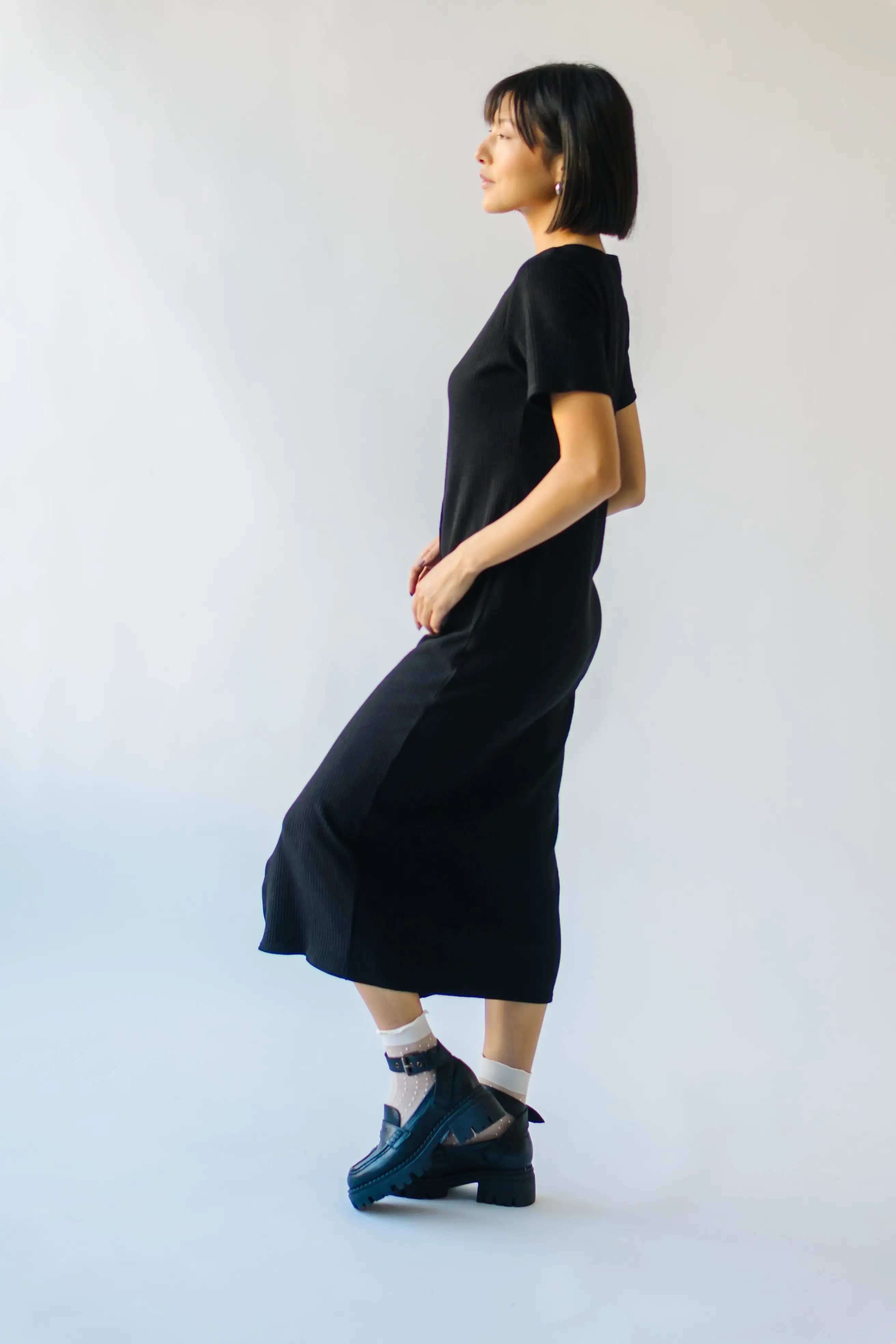 The Pomona Ribbed Button Dress in Black