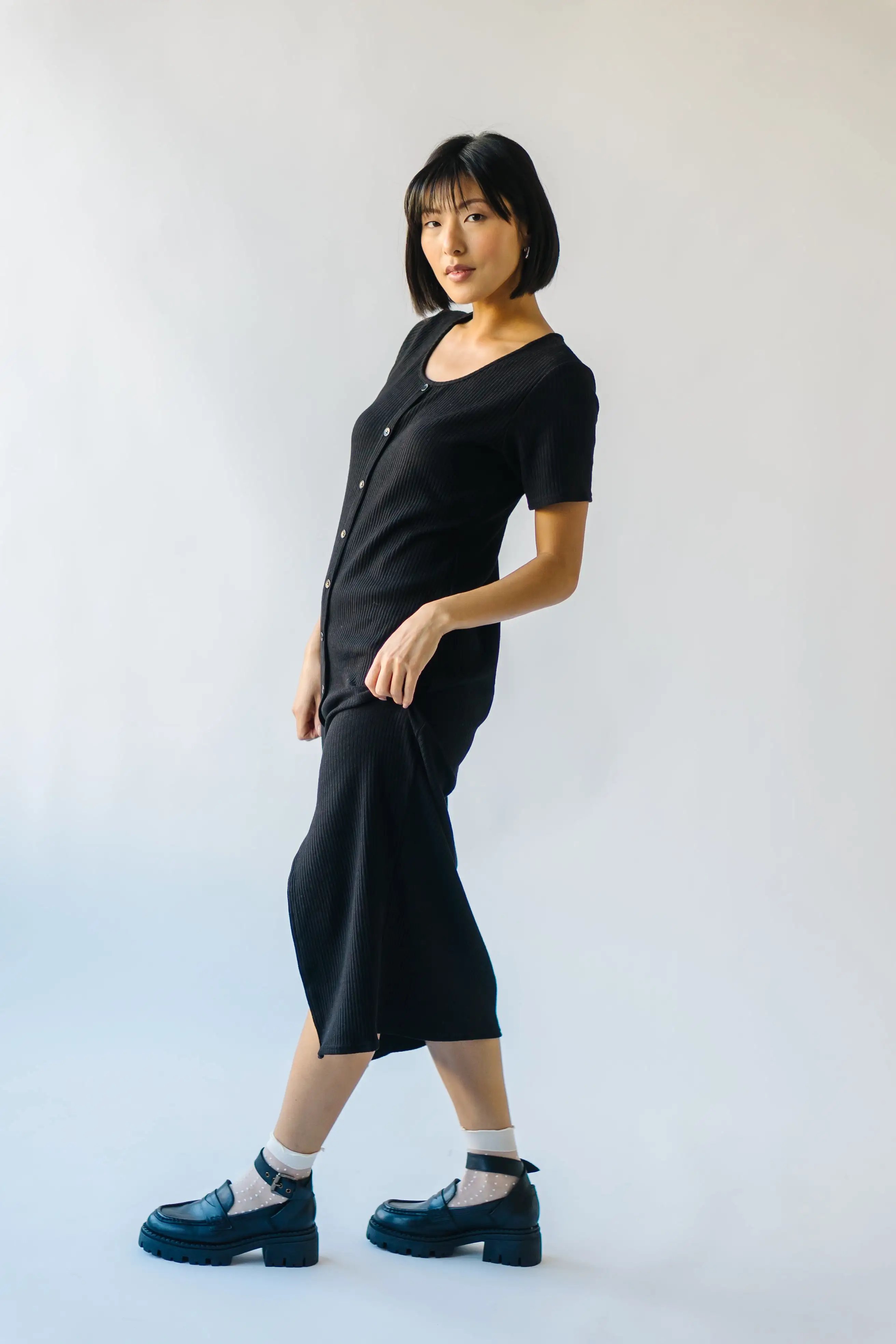 The Pomona Ribbed Button Dress in Black