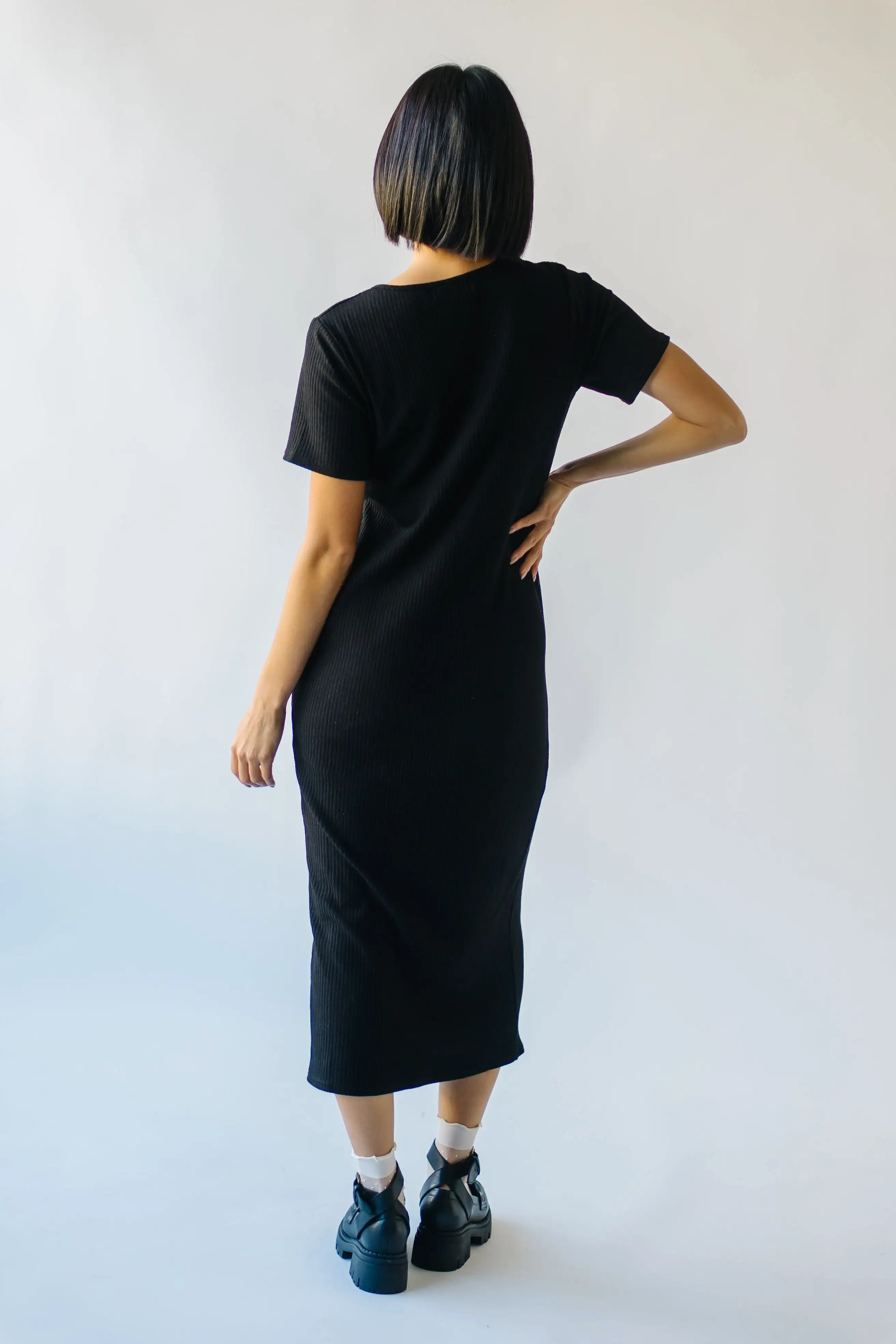 The Pomona Ribbed Button Dress in Black