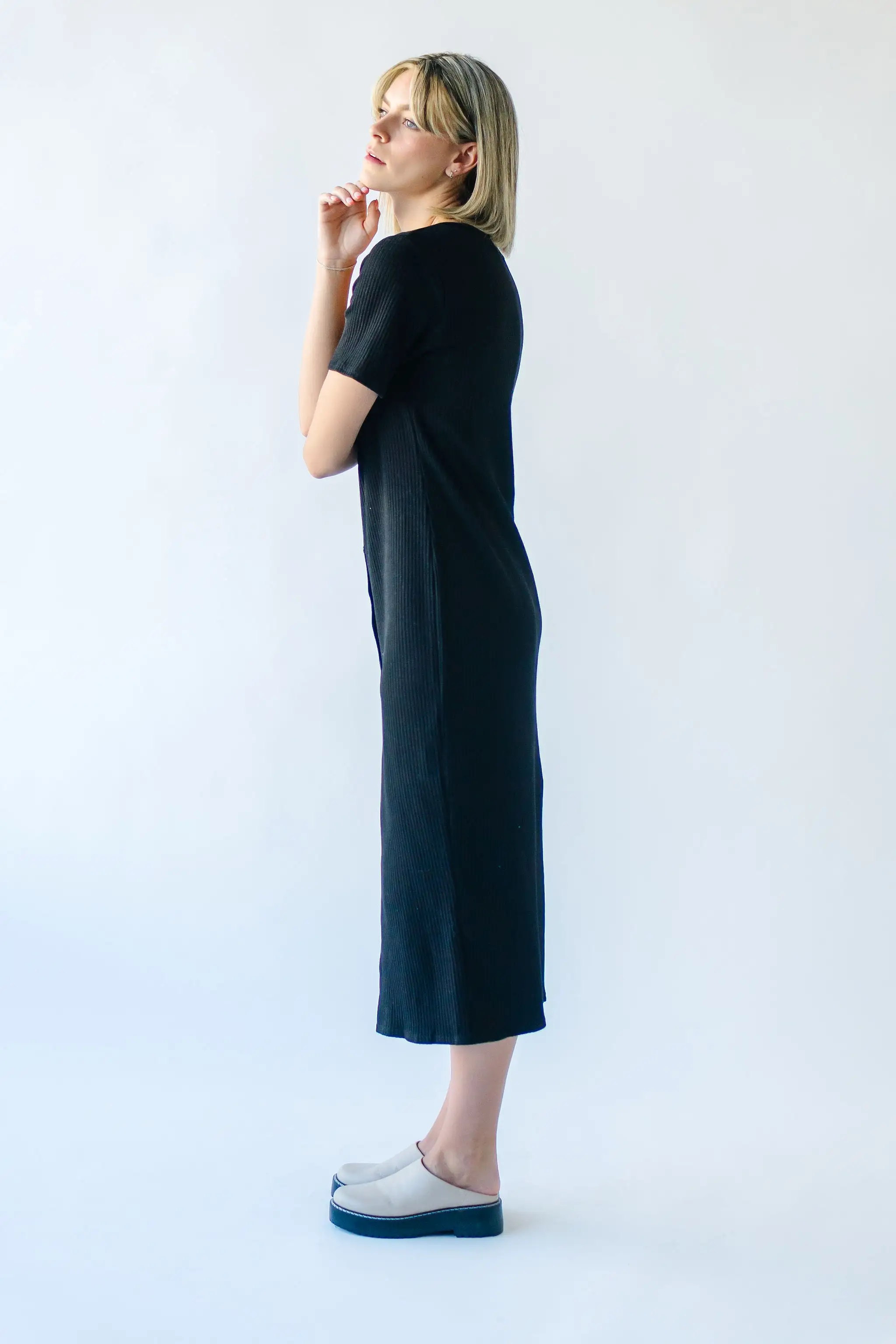 The Pomona Ribbed Button Dress in Black