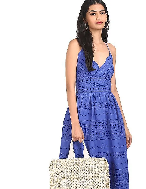 Tommy Hilfiger Women Blue V-Neck Schiffli Embroidered Dress