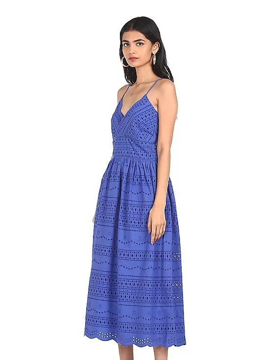 Tommy Hilfiger Women Blue V-Neck Schiffli Embroidered Dress