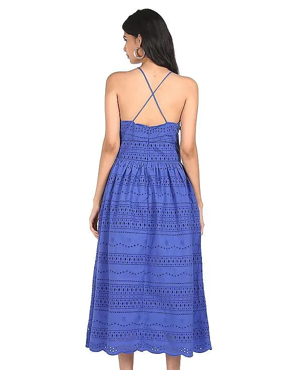 Tommy Hilfiger Women Blue V-Neck Schiffli Embroidered Dress