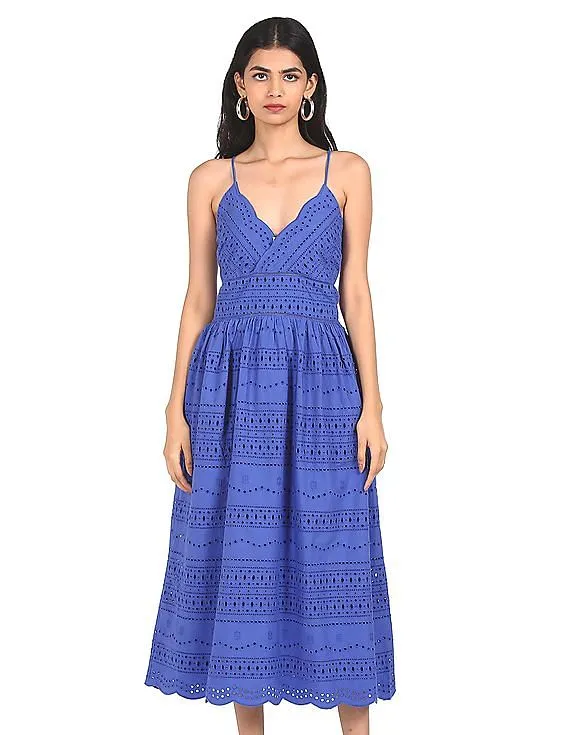 Tommy Hilfiger Women Blue V-Neck Schiffli Embroidered Dress