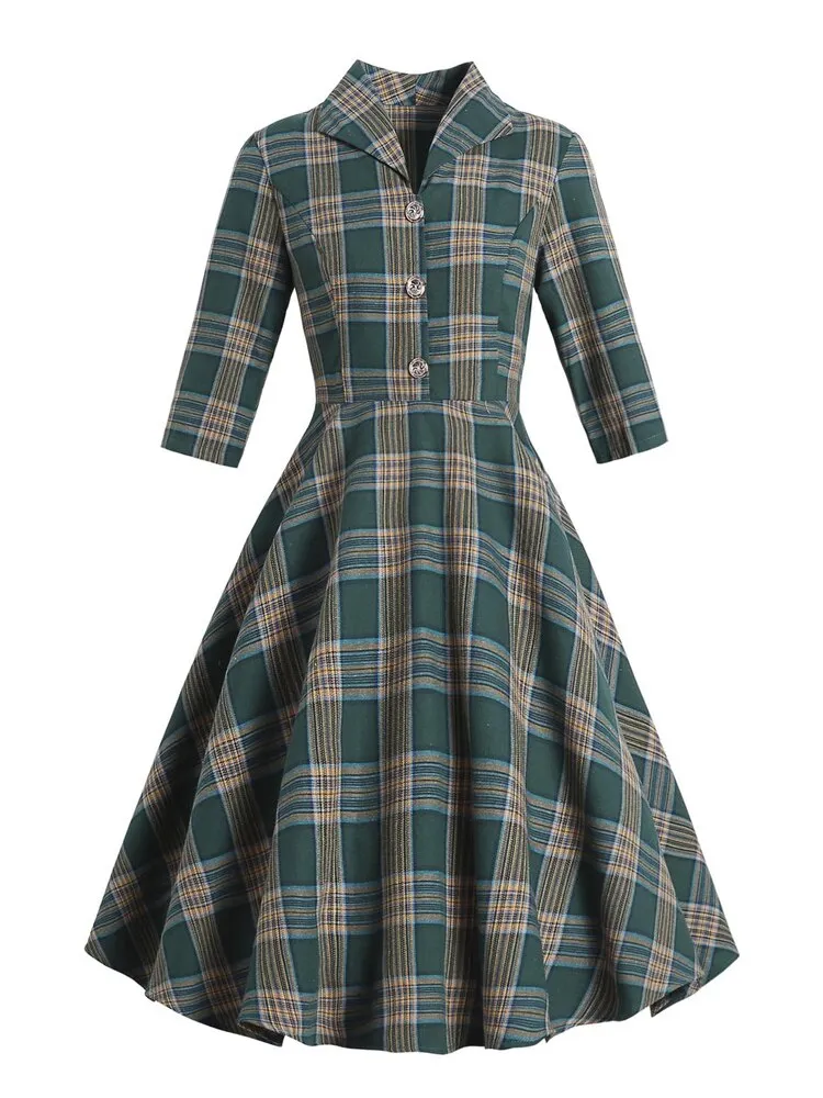 Turn-down Collar Button Up Green Plaid Autumn Winter Vintage Robe Women Elegant Swing Retro Dress