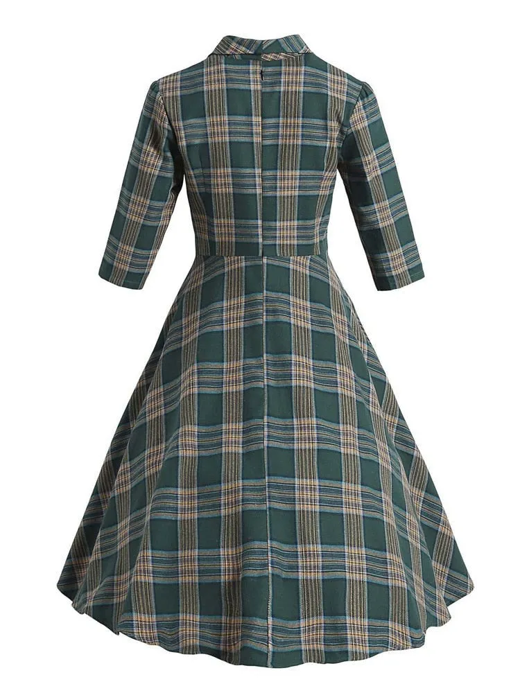 Turn-down Collar Button Up Green Plaid Autumn Winter Vintage Robe Women Elegant Swing Retro Dress