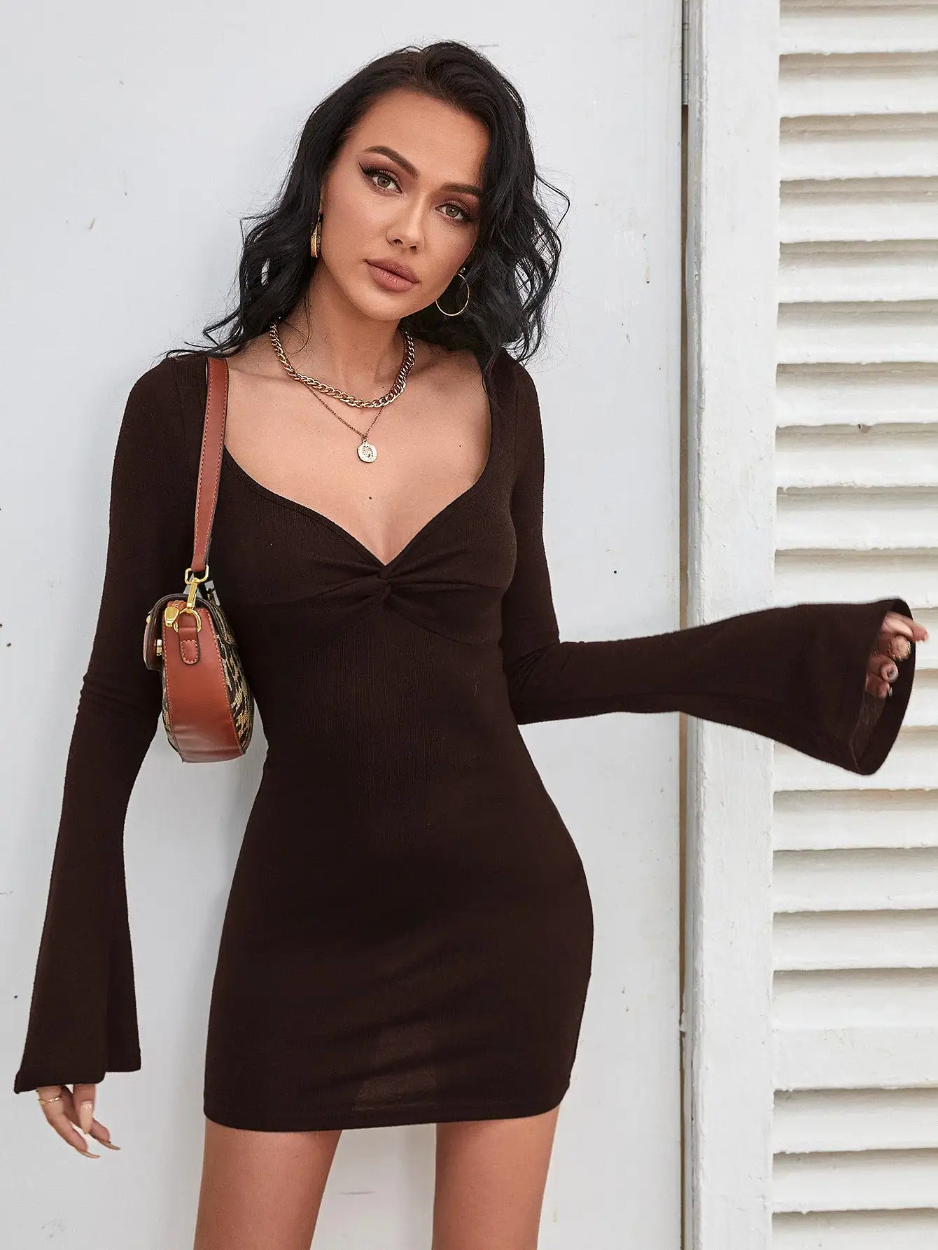 Twist Front Flounce Sleeve Bodycon Dress