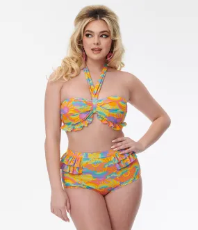 Unique Vintage Happy Groovy Rainbow Twist Front Halter Swim Top