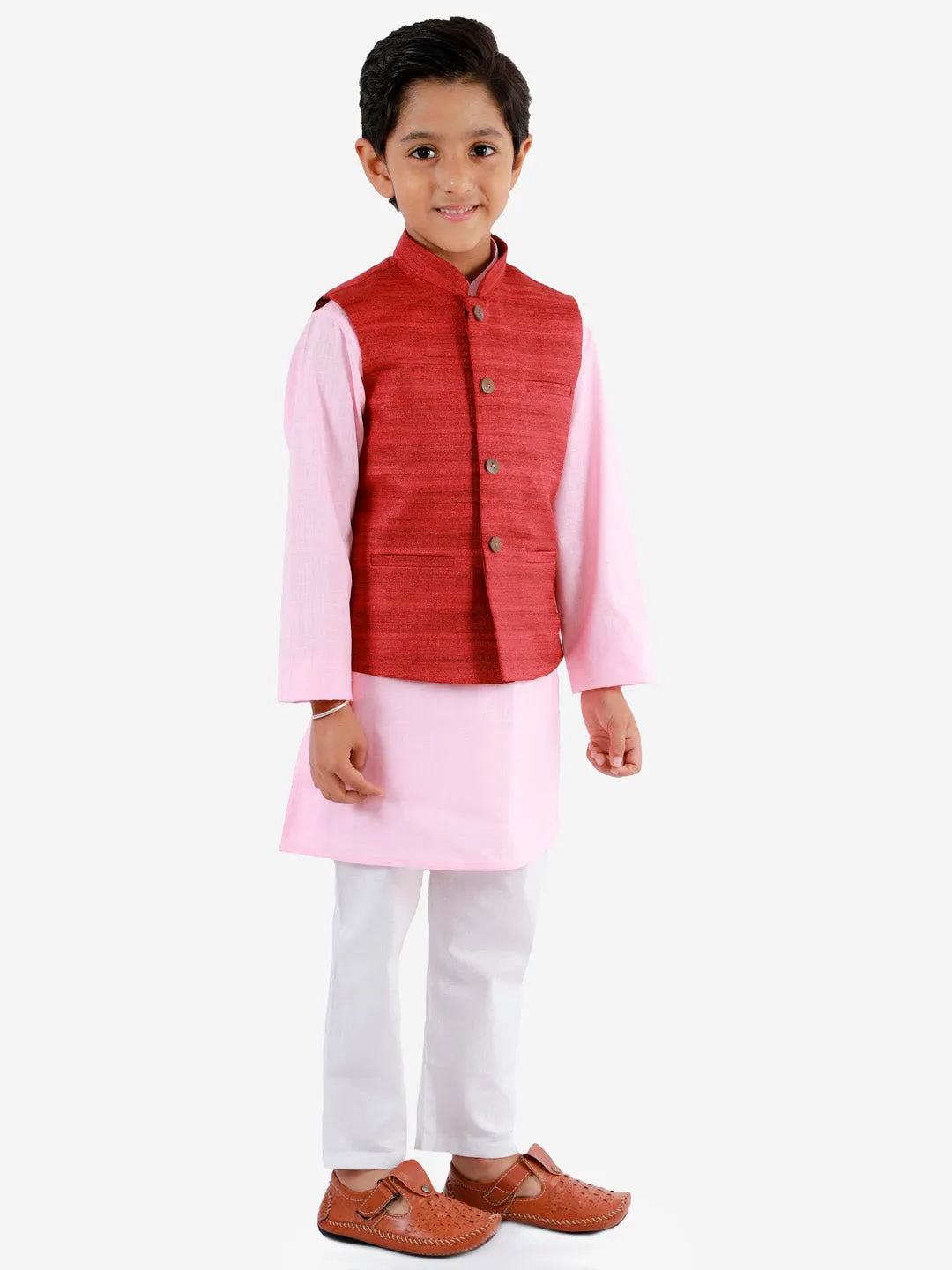 Vastramay Boys Maroon, Pink And White Jacket, Kurta and Pyjama Set