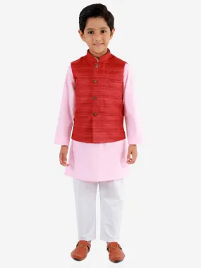 Vastramay Boys Maroon, Pink And White Jacket, Kurta and Pyjama Set