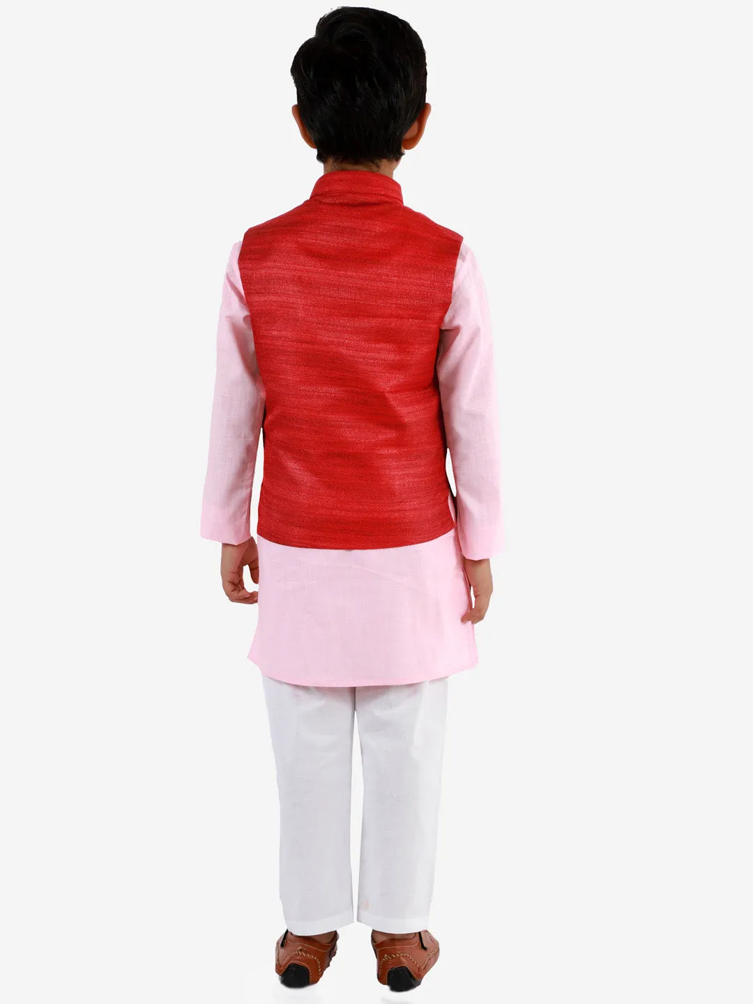 Vastramay Boys Maroon, Pink And White Jacket, Kurta and Pyjama Set