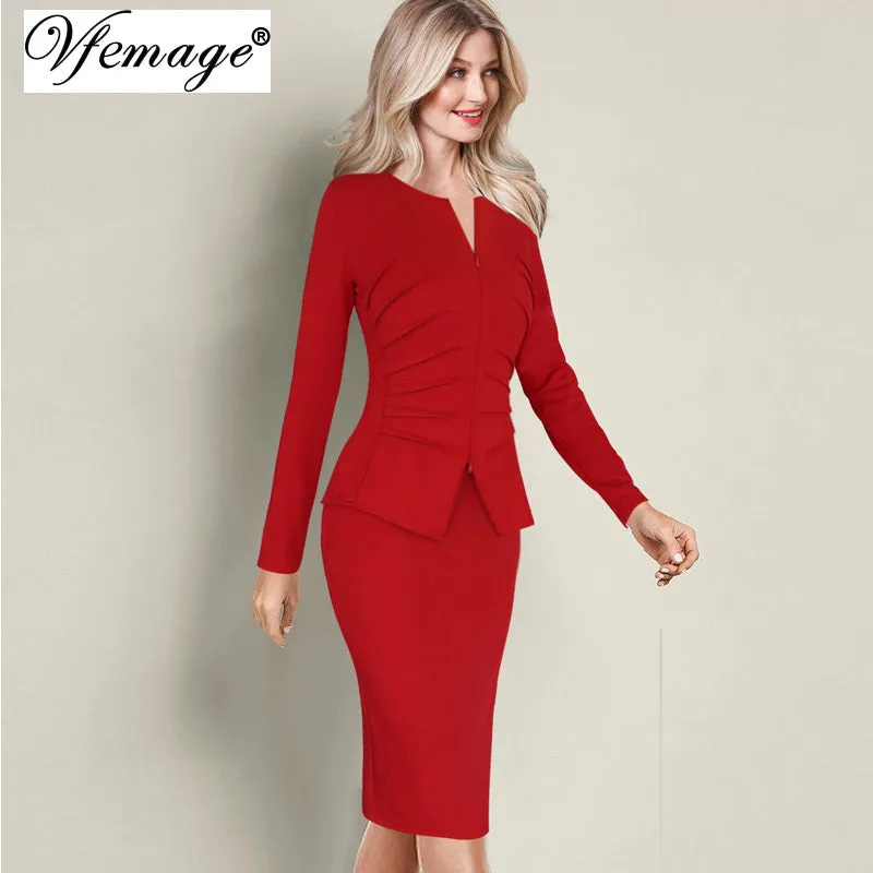 Vfemage Women Winter Elegant Front Zip Up Pleated Ruched Peplum Long Sleeve Wear to Work Office Business Party Sheath Dress 8348