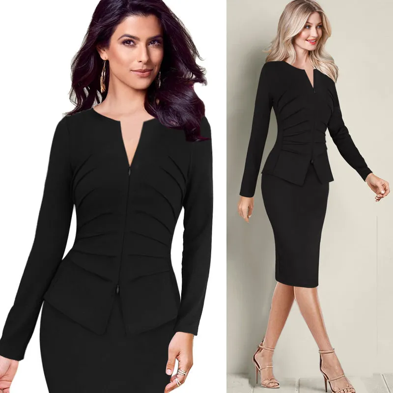 Vfemage Women Winter Elegant Front Zip Up Pleated Ruched Peplum Long Sleeve Wear to Work Office Business Party Sheath Dress 8348