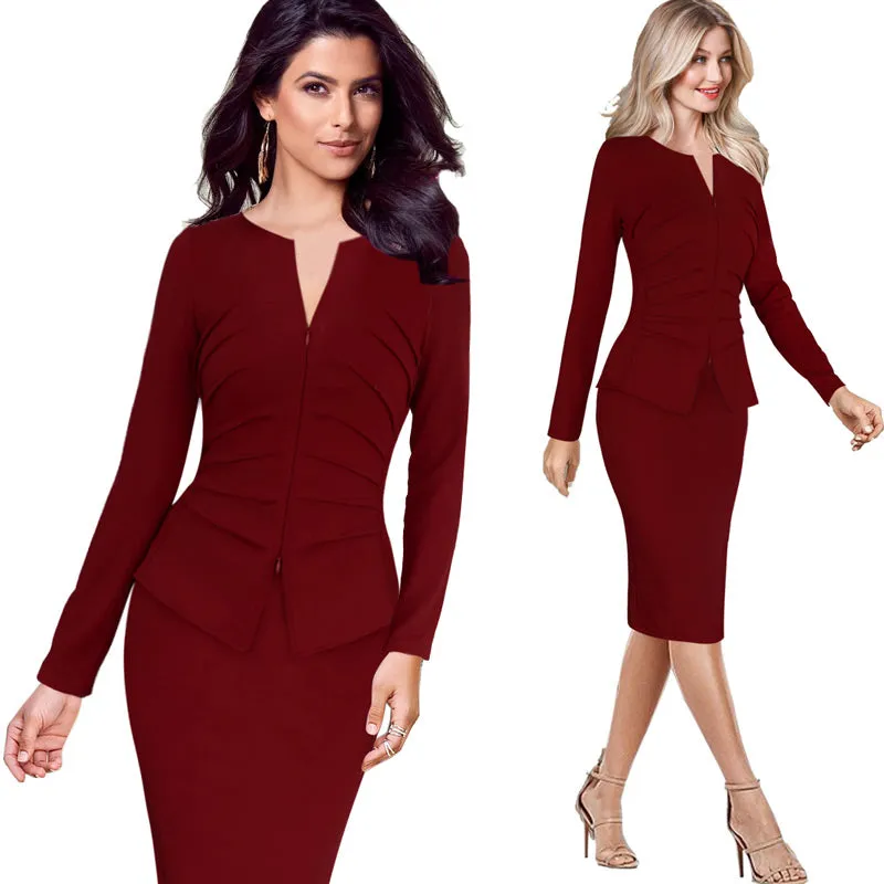 Vfemage Women Winter Elegant Front Zip Up Pleated Ruched Peplum Long Sleeve Wear to Work Office Business Party Sheath Dress 8348