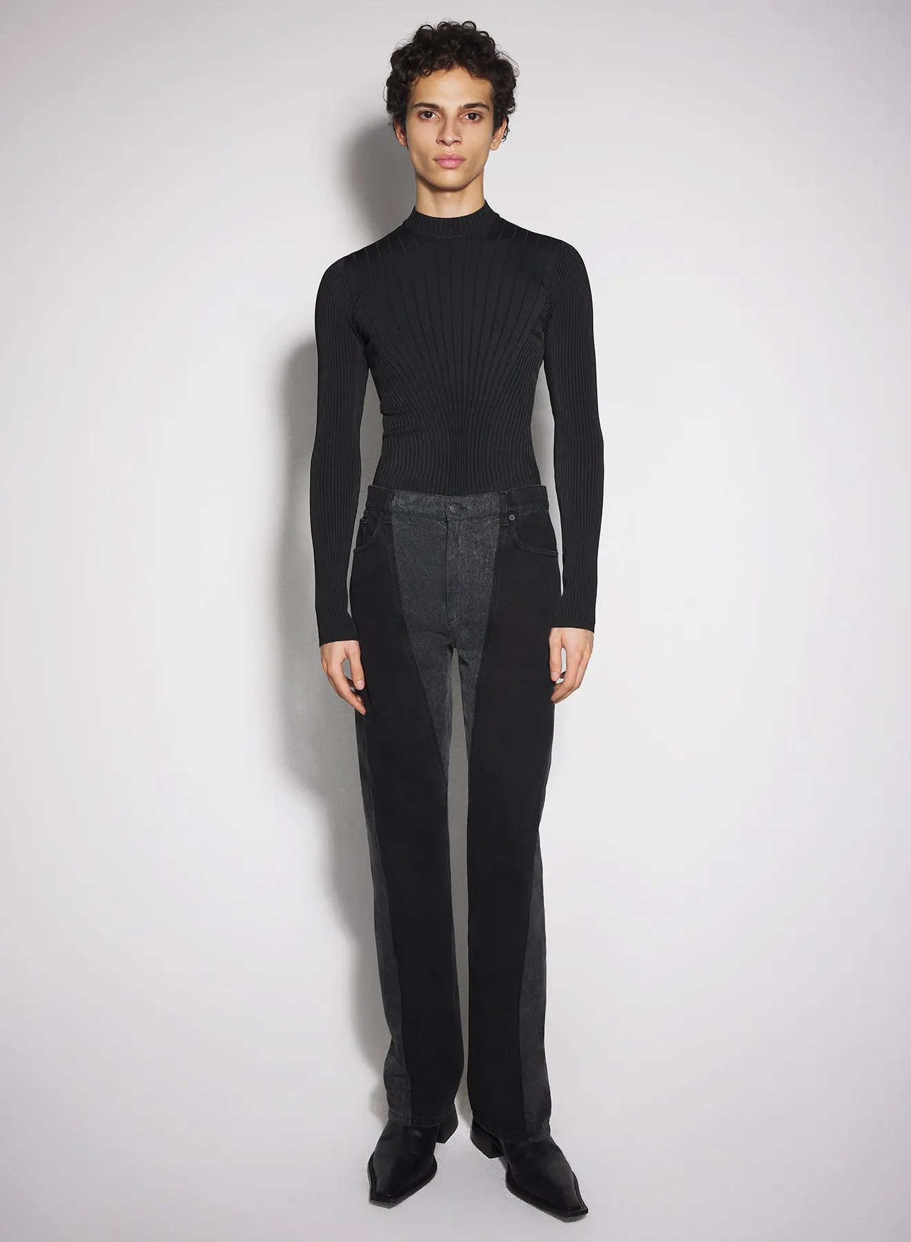 washed black bi-material straight leg jeans