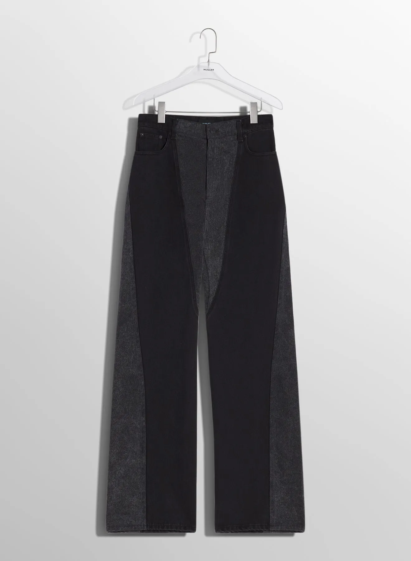 washed black bi-material straight leg jeans